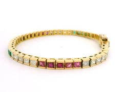 18k Yellow Gold Channel Emerald Ruby Diamond Section Line Tennis Bracelet