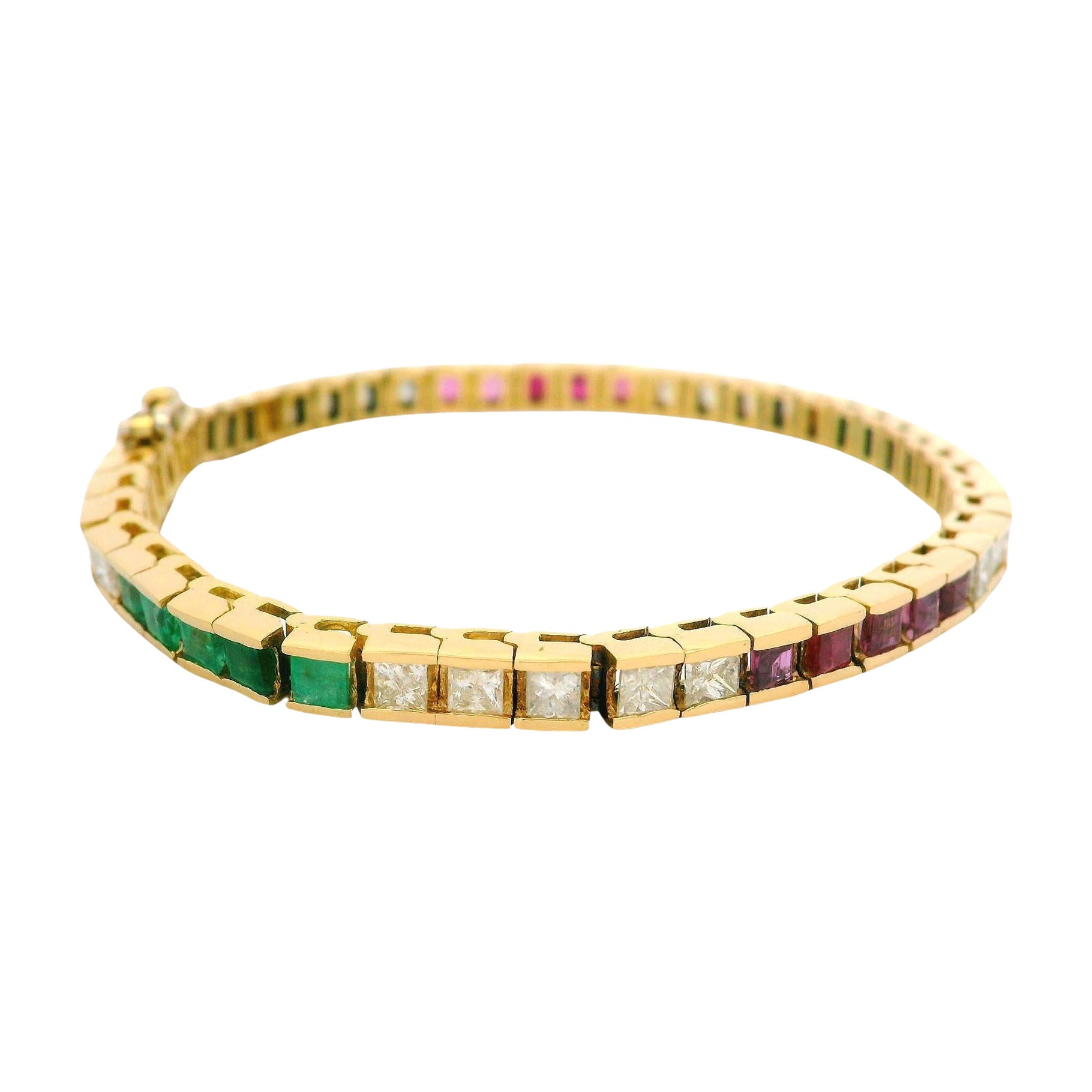 18k Yellow Gold Channel Emerald Ruby Diamond Section Line Tennis Bracelet