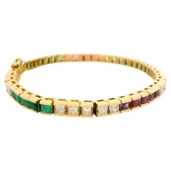 18k Yellow Gold Channel Emerald Ruby Diamond Section Line Tennis Bracelet