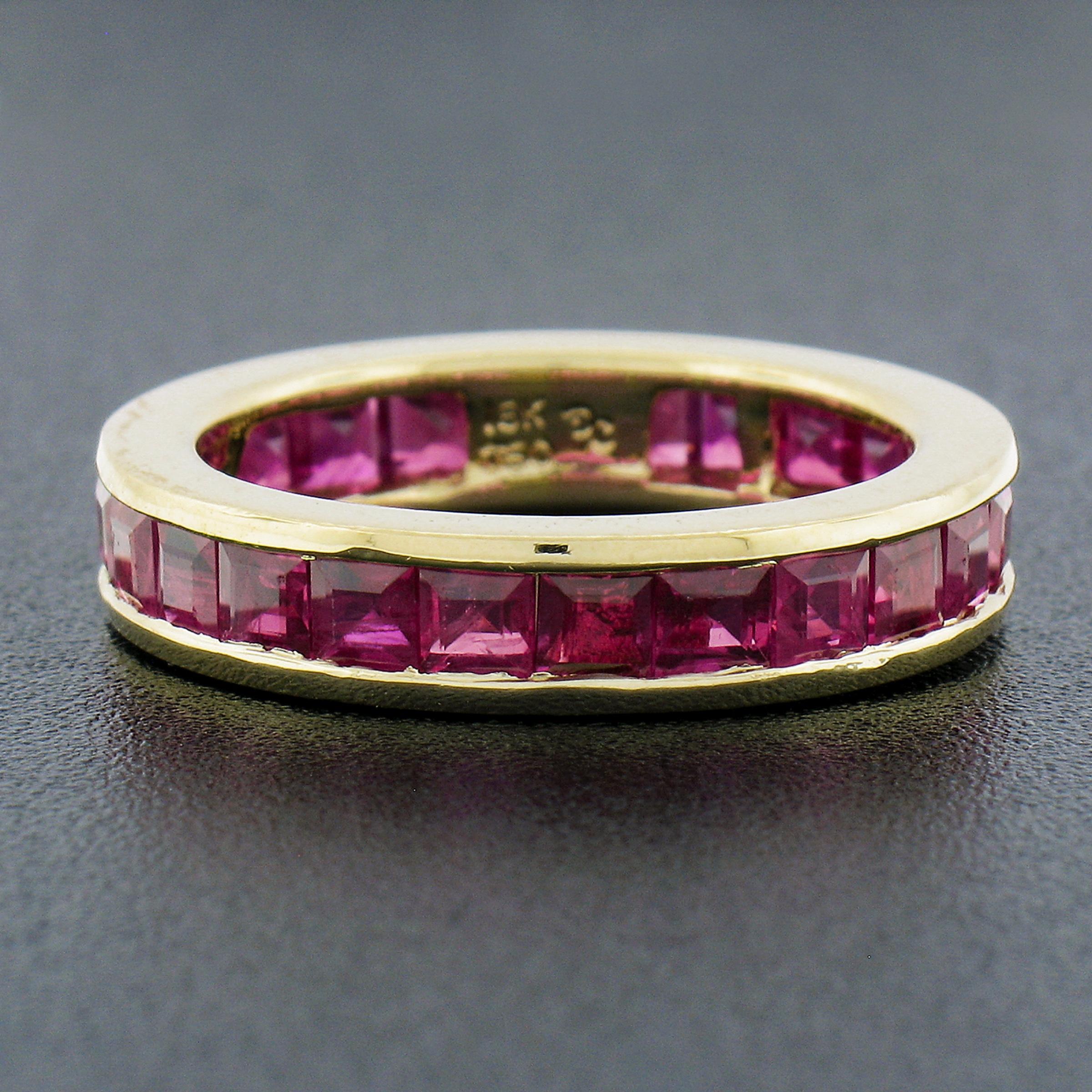 Substantial natural Bruma Ruby Eternity band/ring. The ring comes with a GIA certification for the rubies. Very pleasant ring in person. Enjoy!

--Stone(s):--
(24) Natural Genuine Burma Rubies - Square Step Cut - Channel Set - Purplish Red Color -