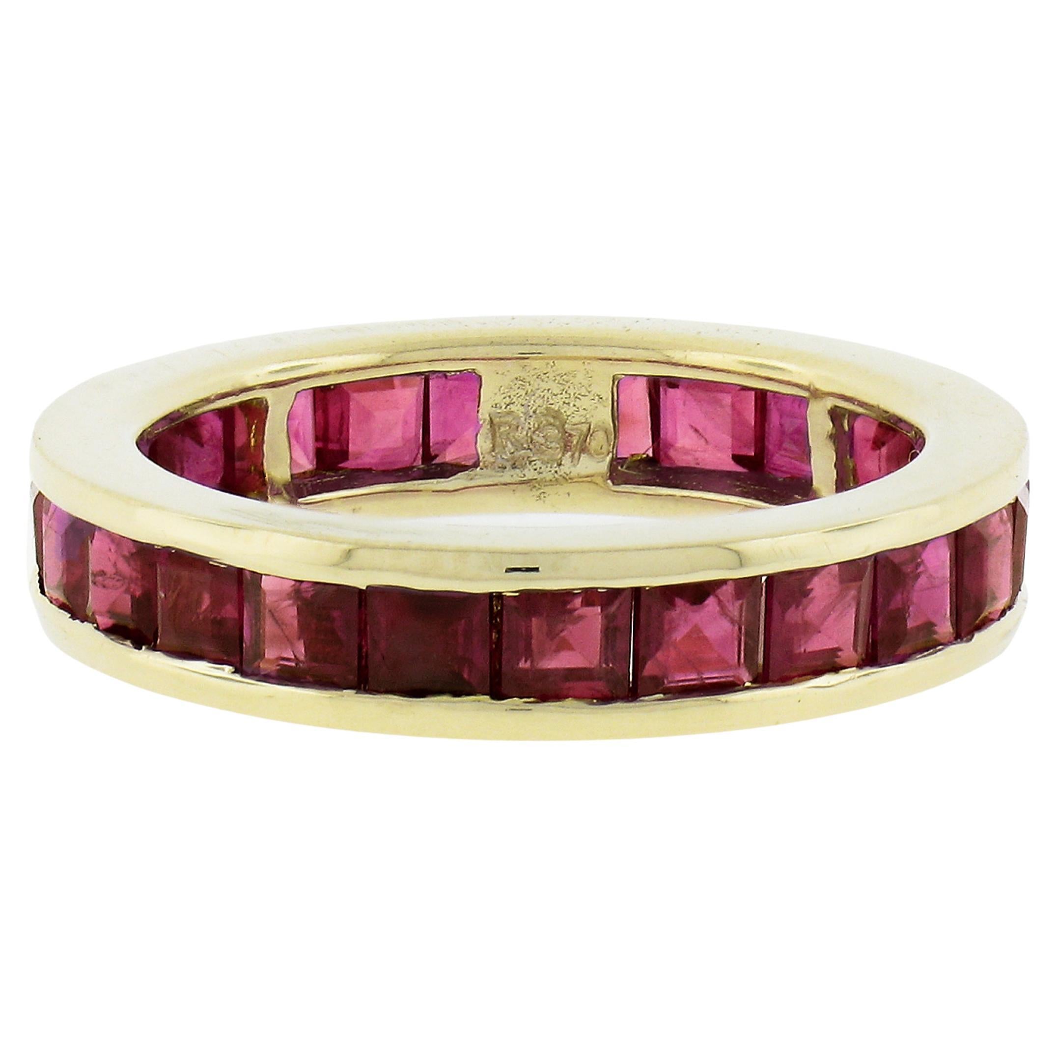 18k Yellow Gold Channel GIA Square Step Burma Ruby Wide Eternity Stack Band Ring For Sale