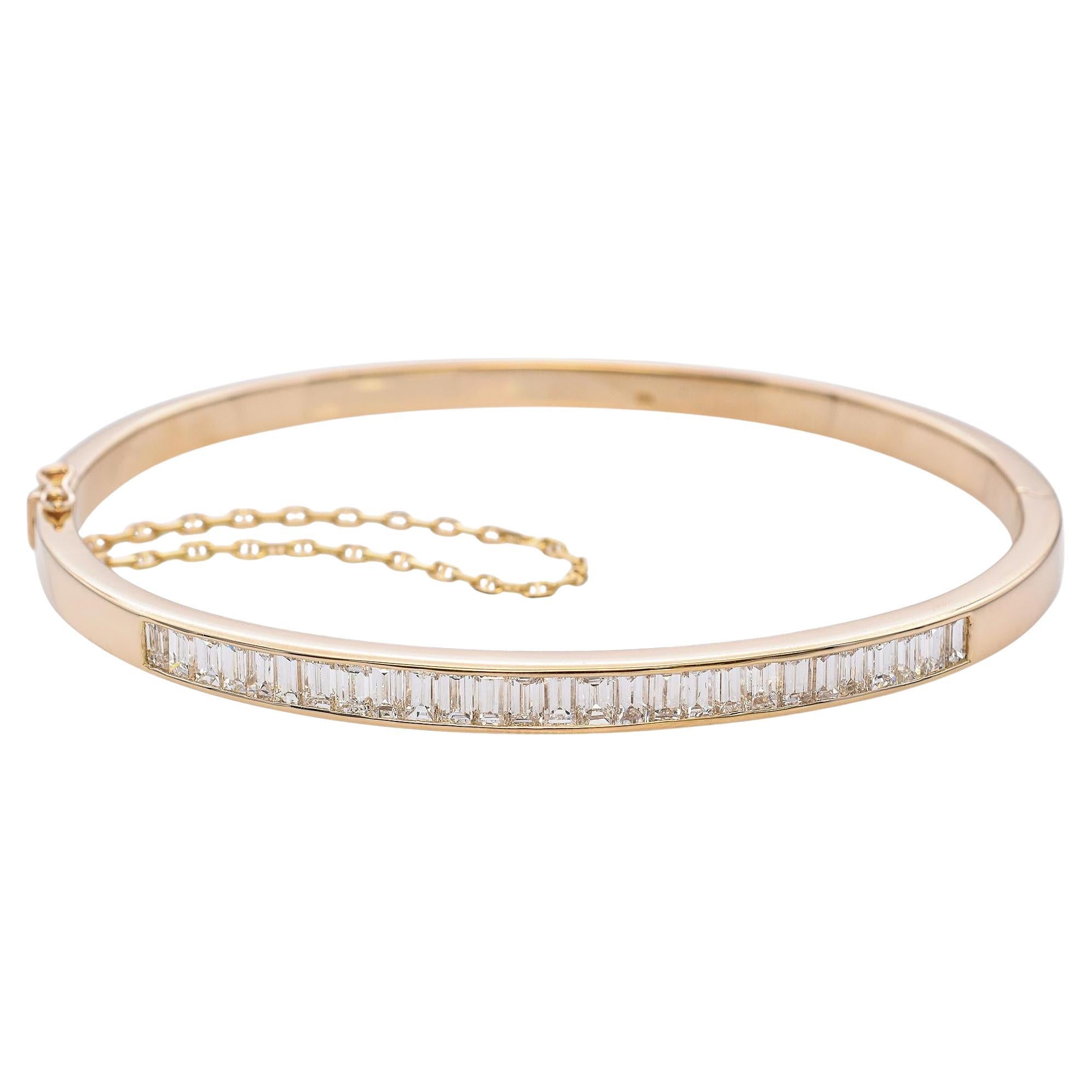 18k Yellow Gold Channel Set Baguette Cut Diamond Bangle Bracelet