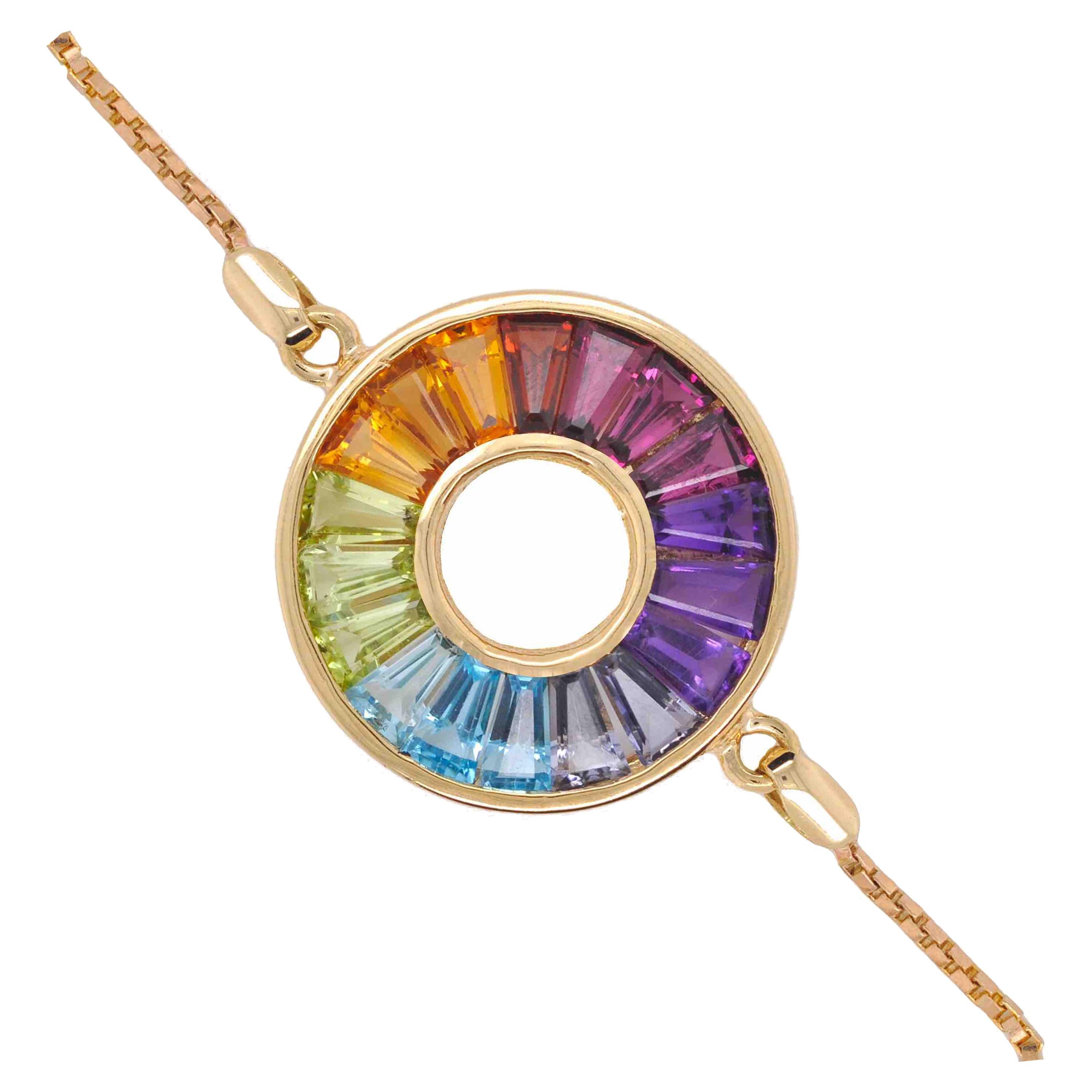 Bolo-Armband aus 18 Karat Gelbgold mit kanalisiertem Regenbogen- Baguette-Edelsteinen und Baguette-Edelsteinen