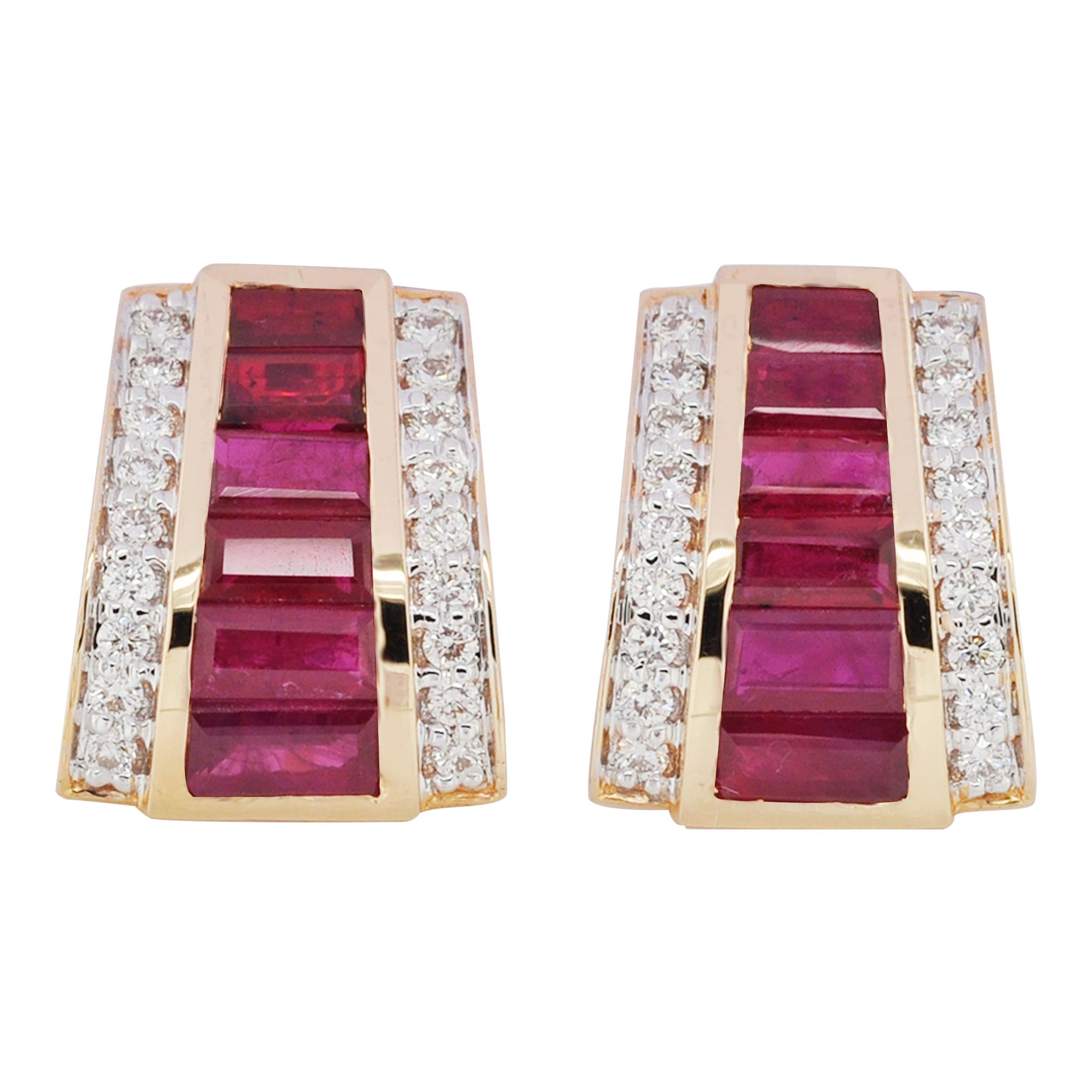 18K Yellow Gold Channel Set Ruby Taper Baguette Pyramid Pendant Earrings Set  For Sale 6