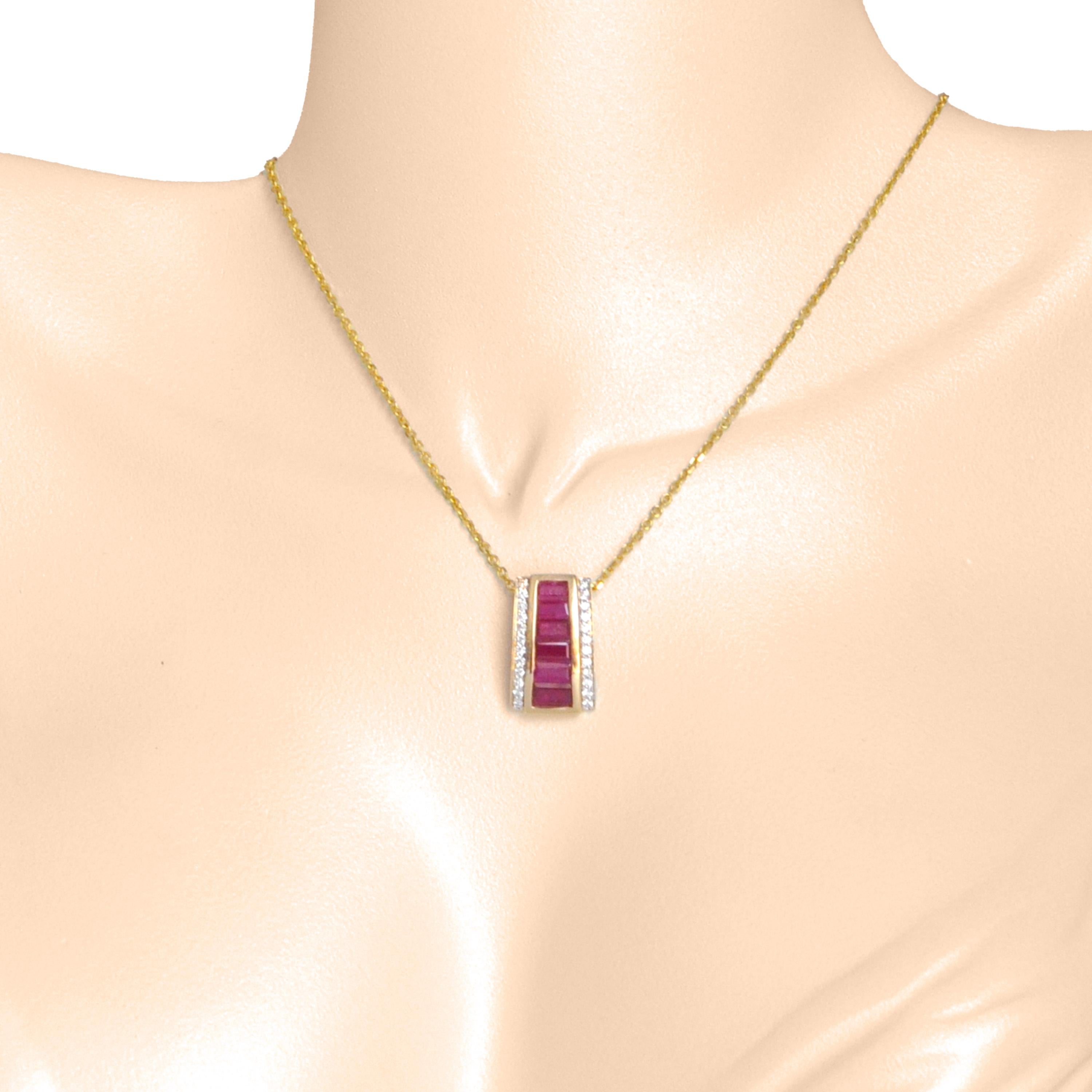 Women's 18K Yellow Gold Channel Set Ruby Taper Baguette Pyramid Pendant Earrings Set  For Sale