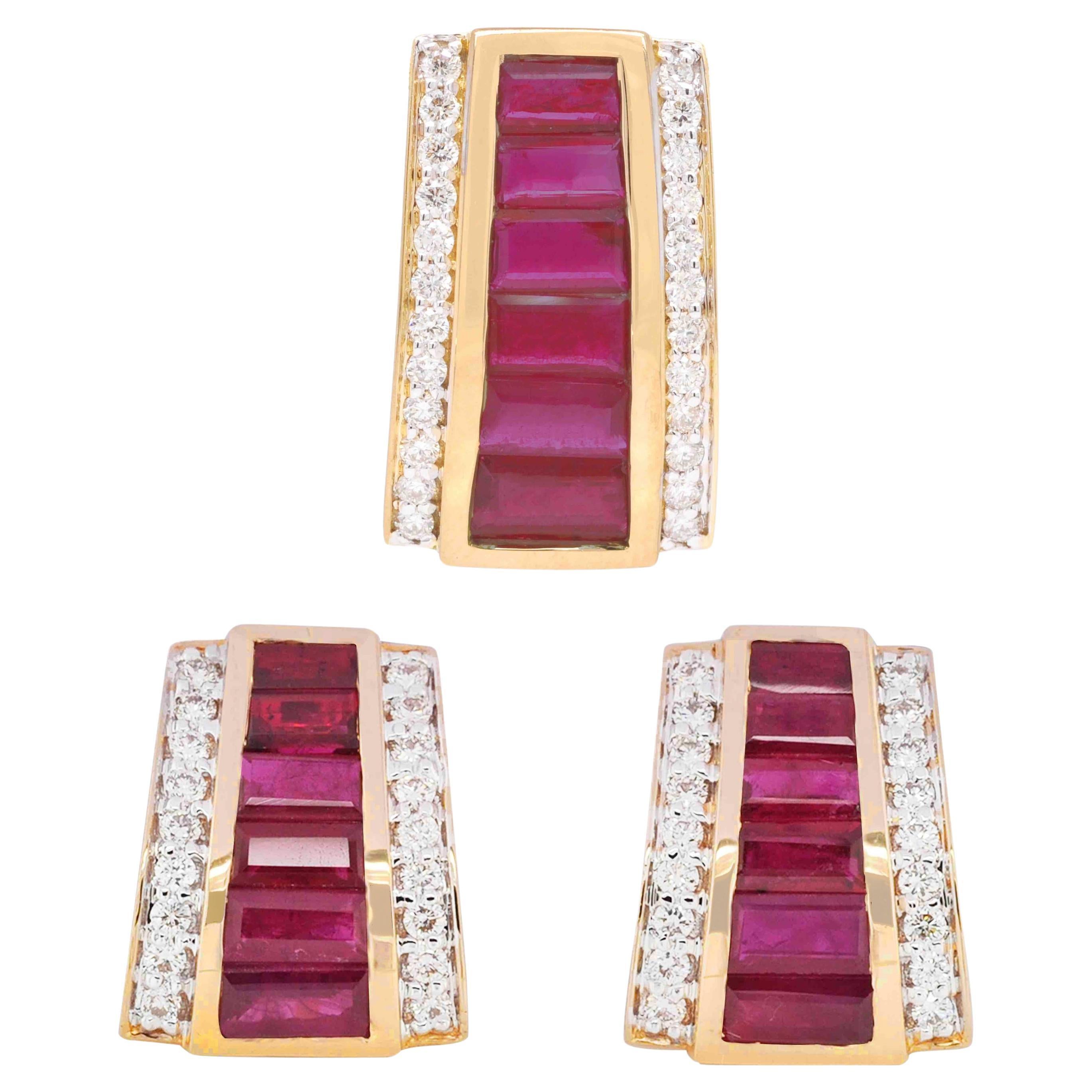 18K Yellow Gold Channel Set Ruby Taper Baguette Pyramid Pendant Earrings Set