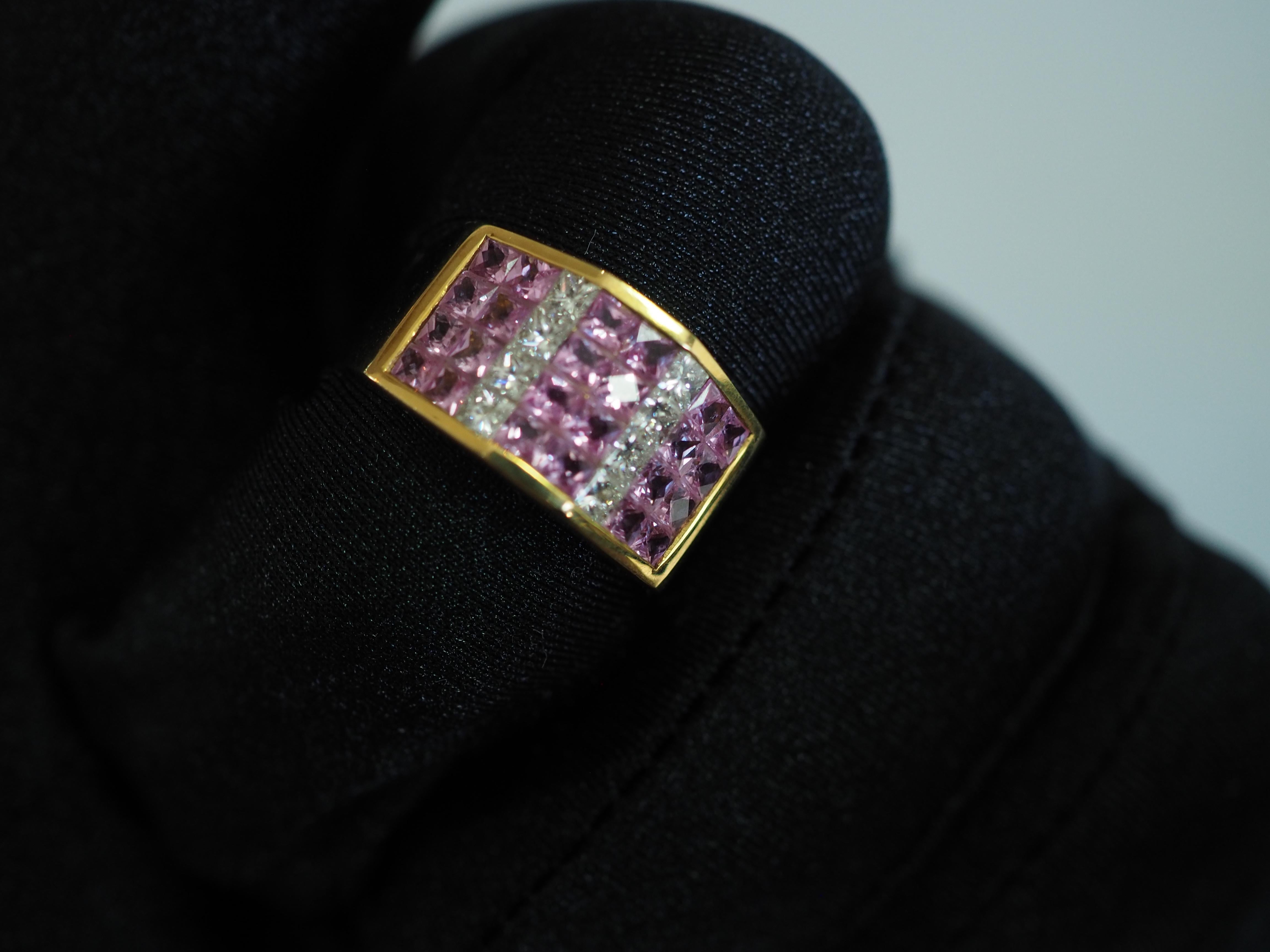 18k Yellow Gold Channeled Inlaid Pink Sapphire and Diamond Fashion Band