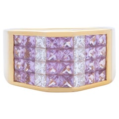 Vintage 18k Yellow Gold Channeled Inlaid Pink Sapphire & Diamond Fashion Band Ring