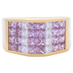 18k Yellow Gold Channeled Inlaid Pink Sapphire & Diamond Fashion Band Ring