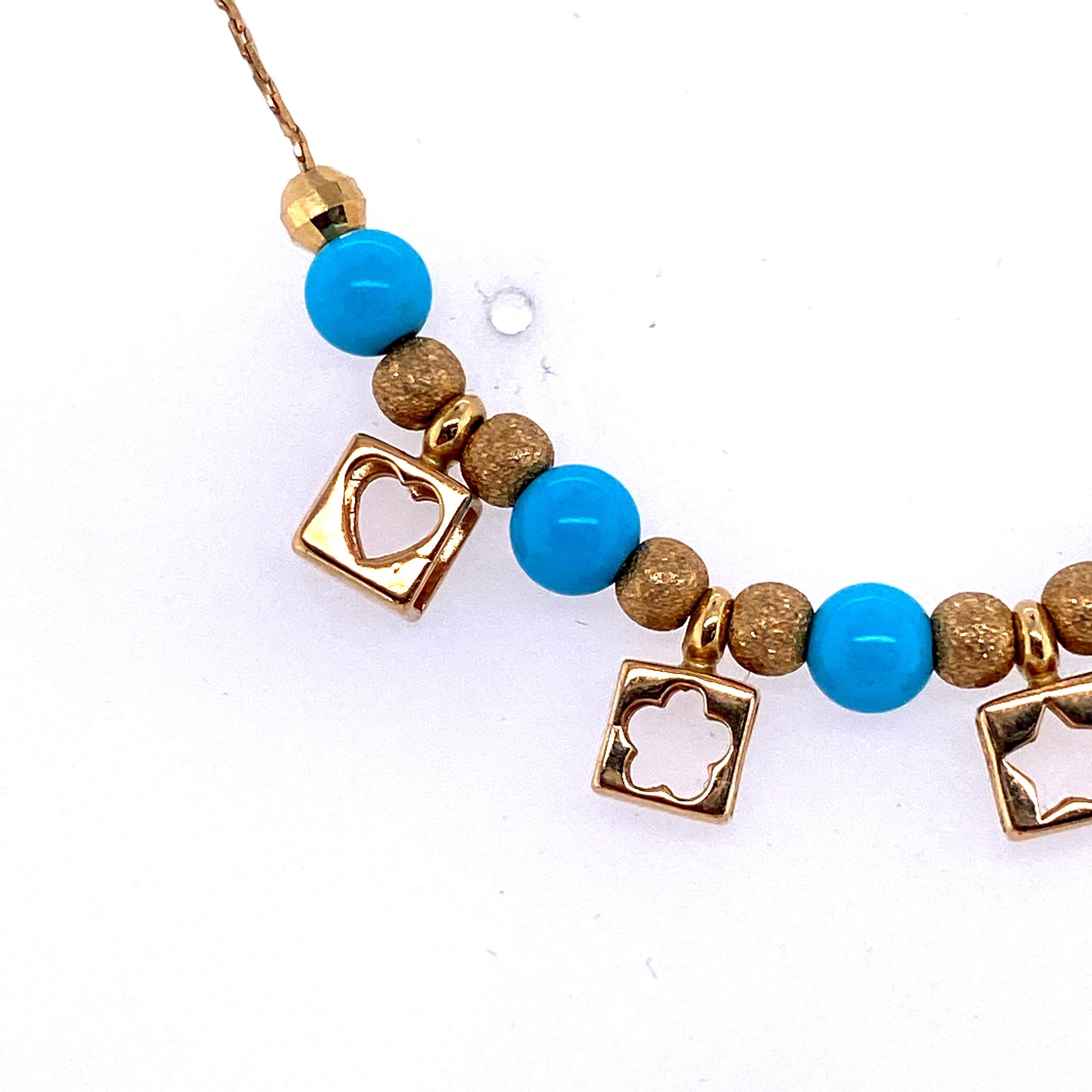 Round Cut 18 Karat Yellow Gold Charm Turquoise Beaded Necklace