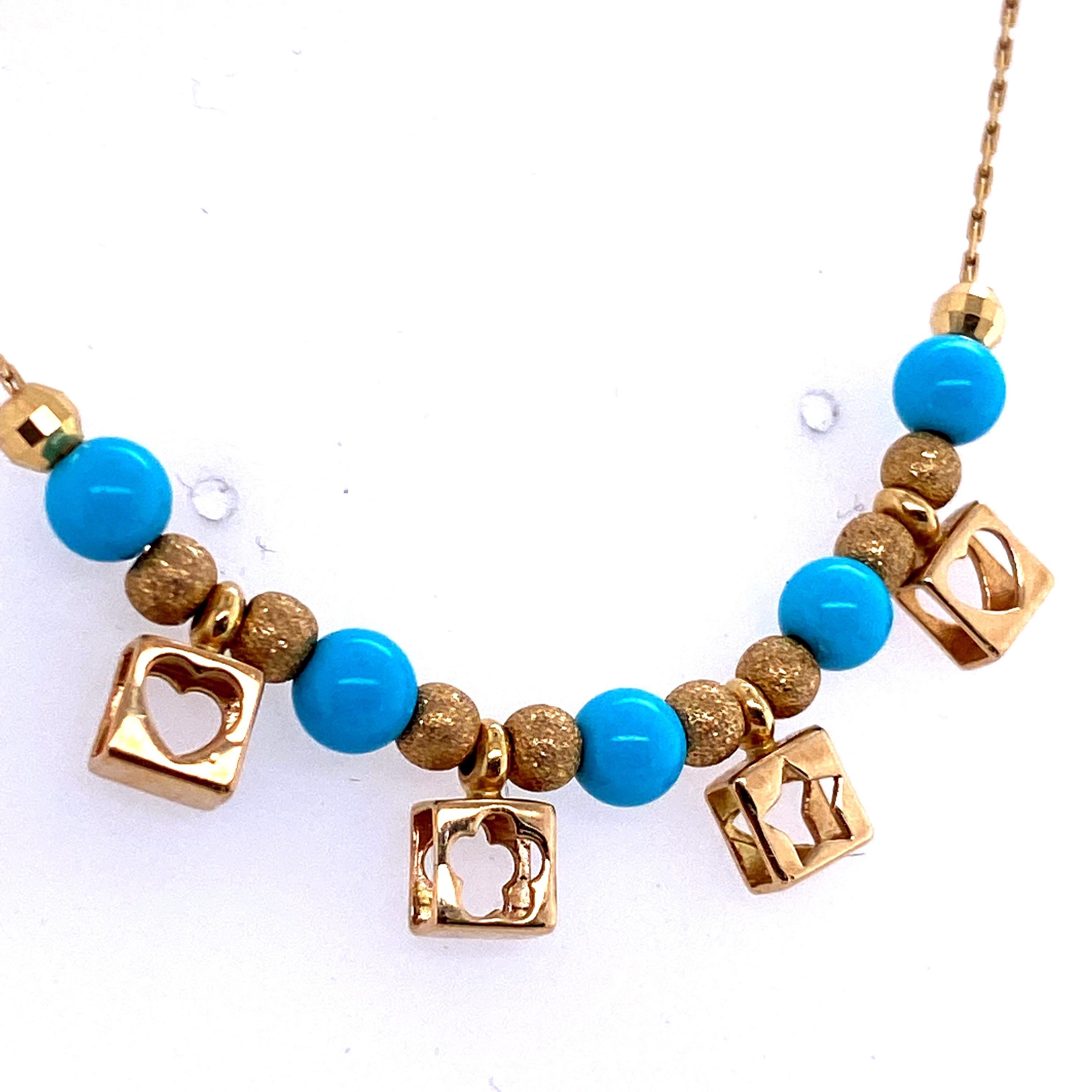 Women's 18 Karat Yellow Gold Charm Turquoise Beaded Necklace