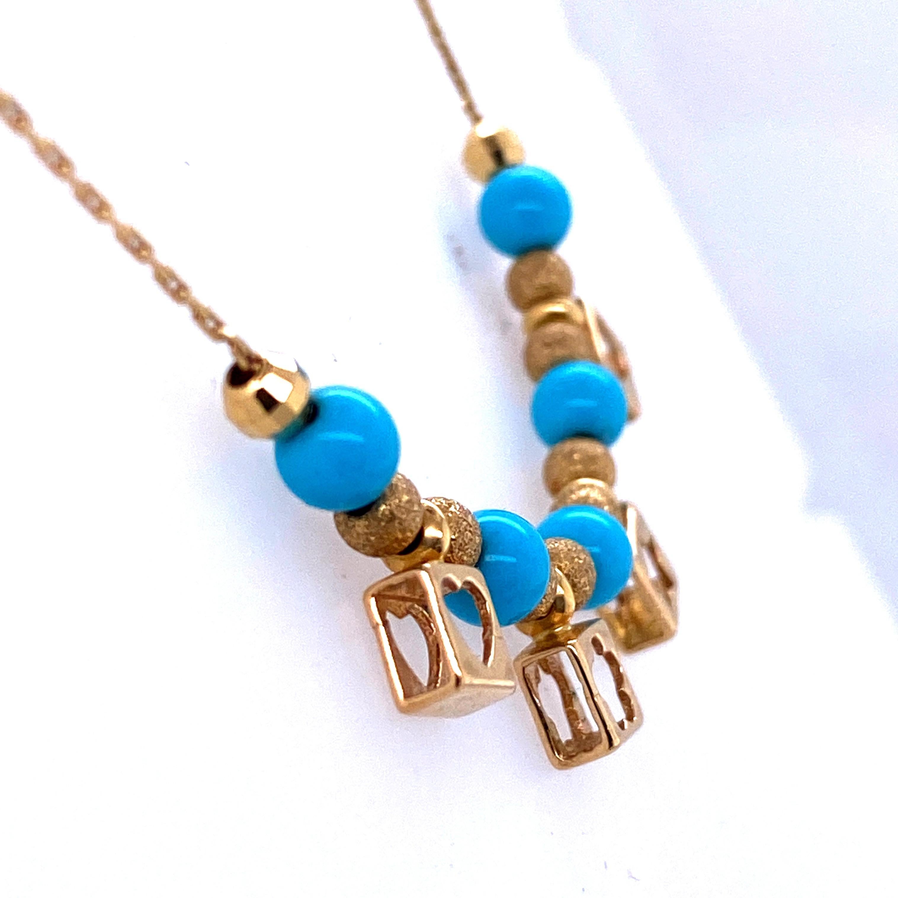 18 Karat Yellow Gold Charm Turquoise Beaded Necklace 1