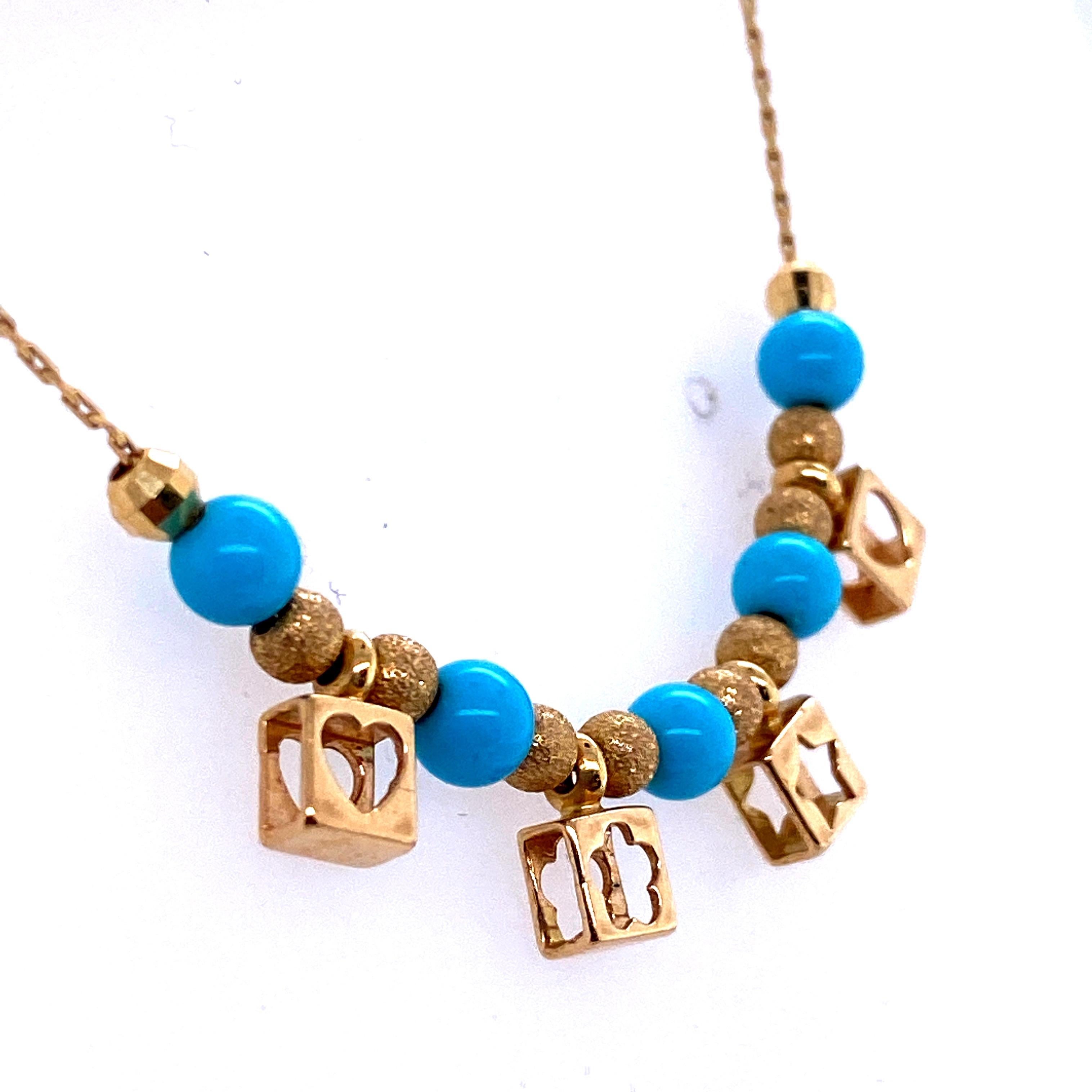 18 Karat Yellow Gold Charm Turquoise Beaded Necklace 2