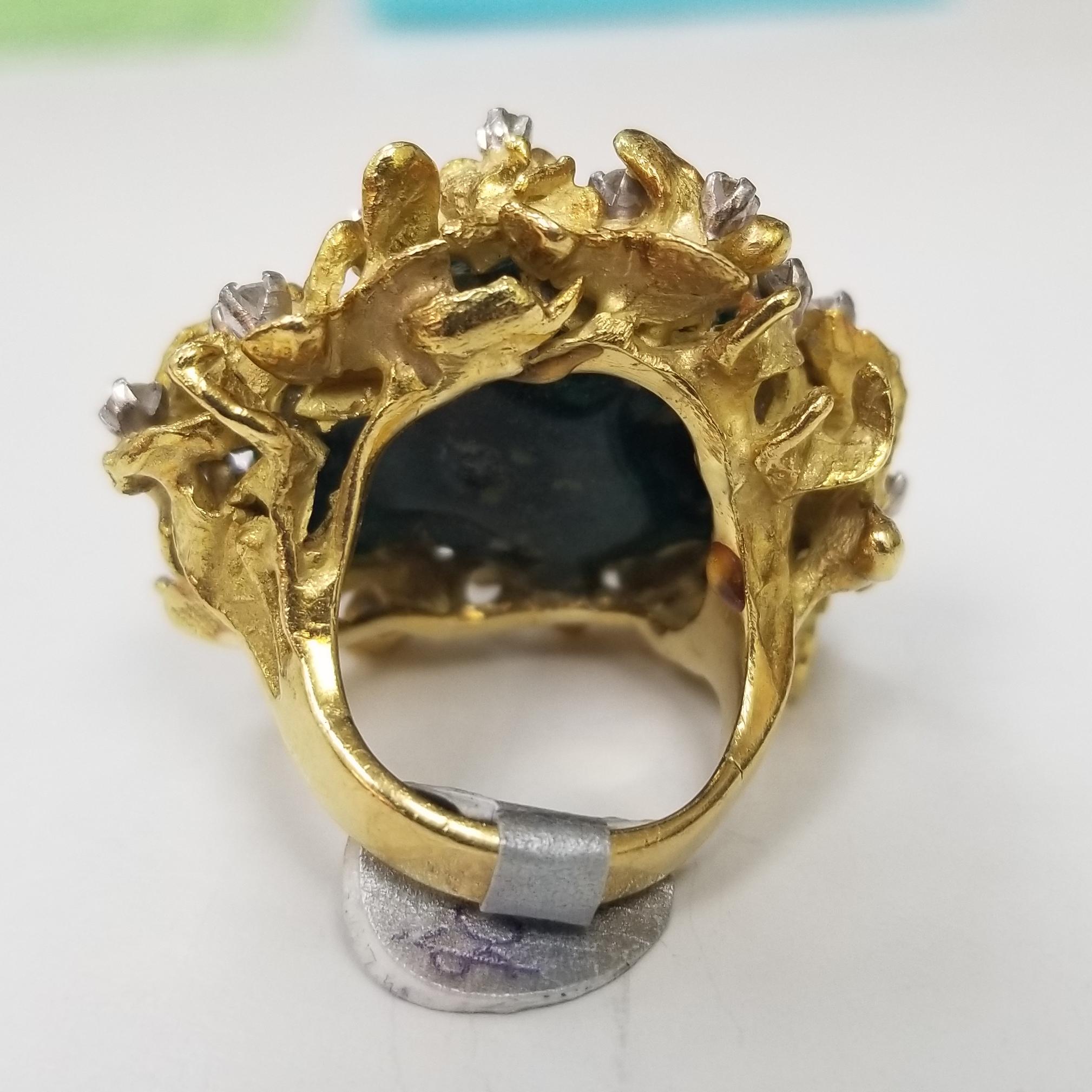 18 Karat Gelbgold Ring mit Smaragdkristallen und Diamanten von Chatham (Rundschliff)