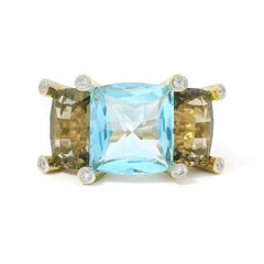 18K Yellow Gold Checkerboard Blue and Brown Topaz Diamond Three-Stone Ring