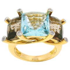 18K Yellow Gold Checkerboard Blue and Brown Topaz Diamond Three-Stone Ring