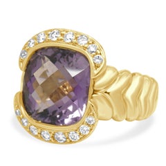 18K Yellow Gold Checkerboard Cushion Cut Amethyst and Round Diamond Ring
