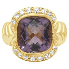 18K Yellow Gold Checkerboard Cushion Cut Amethyst and Round Diamond Ring