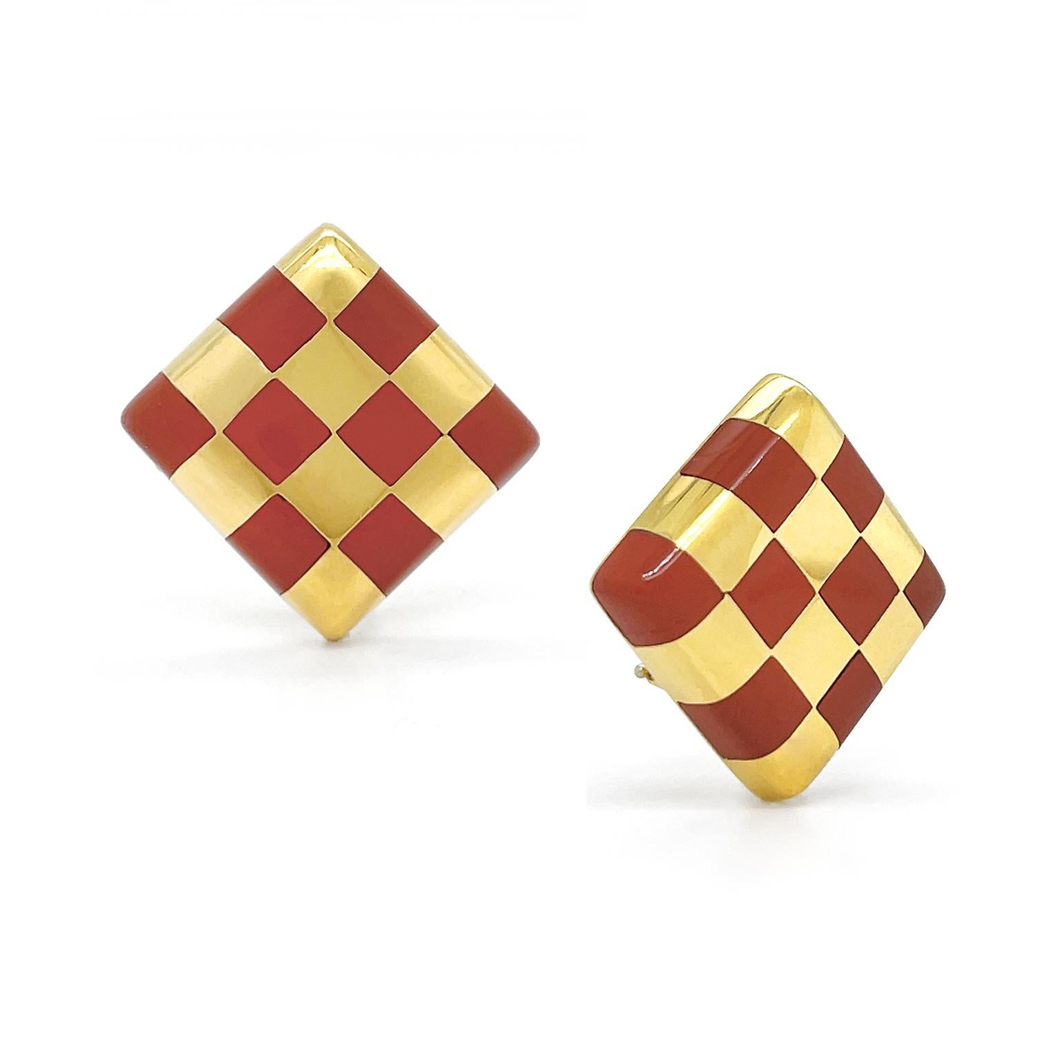 The classic checkerboard pattern is illustrated from a valued gem and gold. Red Jasper, known for its intense opacity, is carved into squares and inlaid in a rhombus of 18k yellow gold. The result is a distinct complement of color. Clip-backs finish