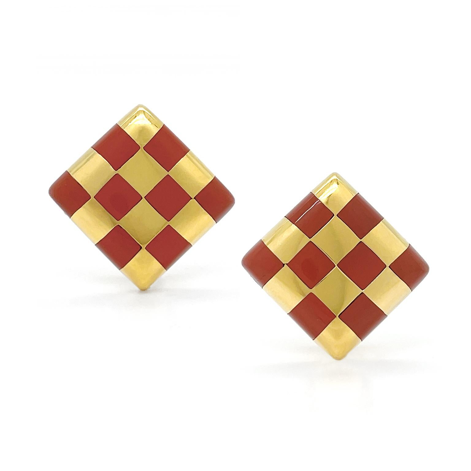 Art Deco 18K Yellow Gold Checkerboard Jasper Inlay Earrings