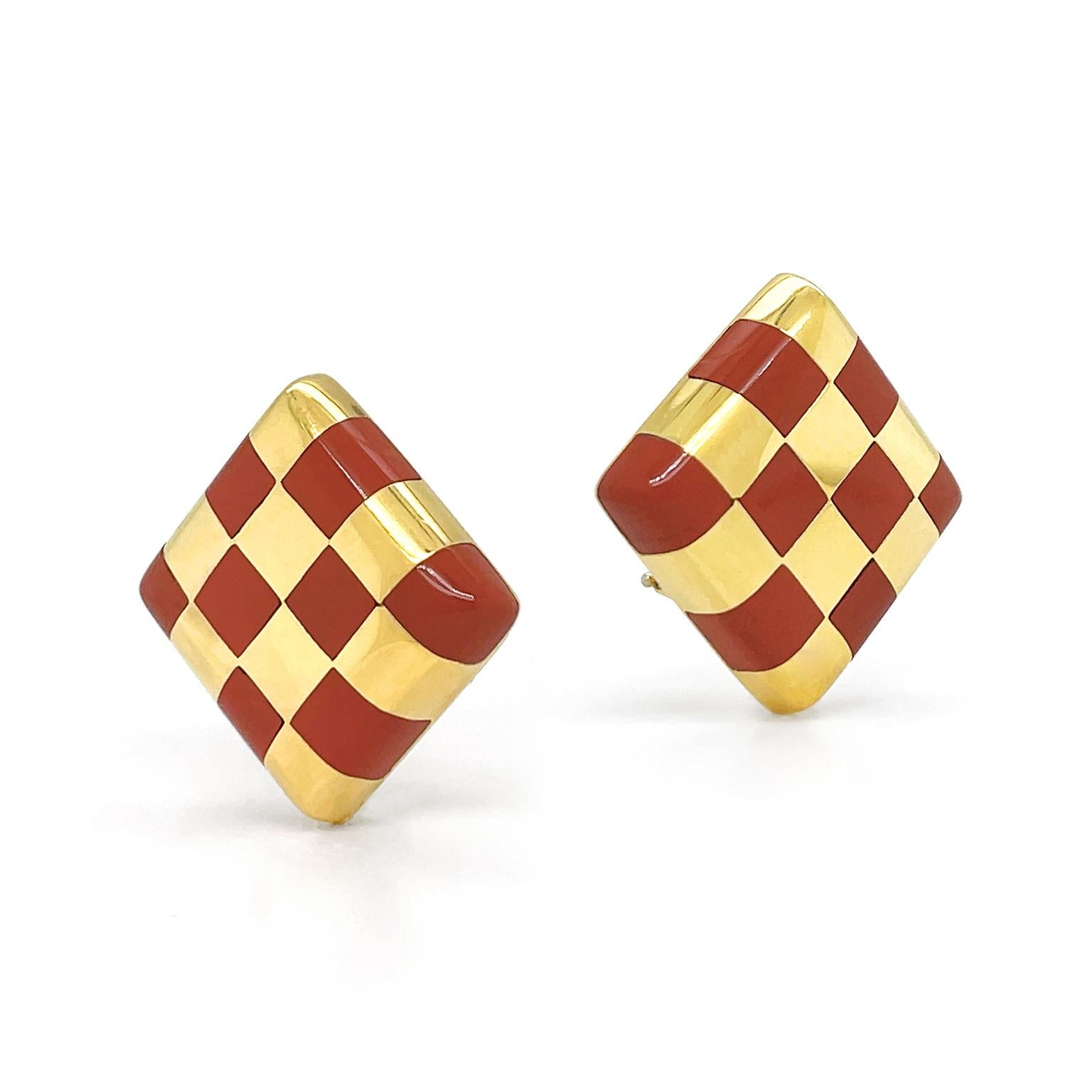 Square Cut 18K Yellow Gold Checkerboard Jasper Inlay Earrings