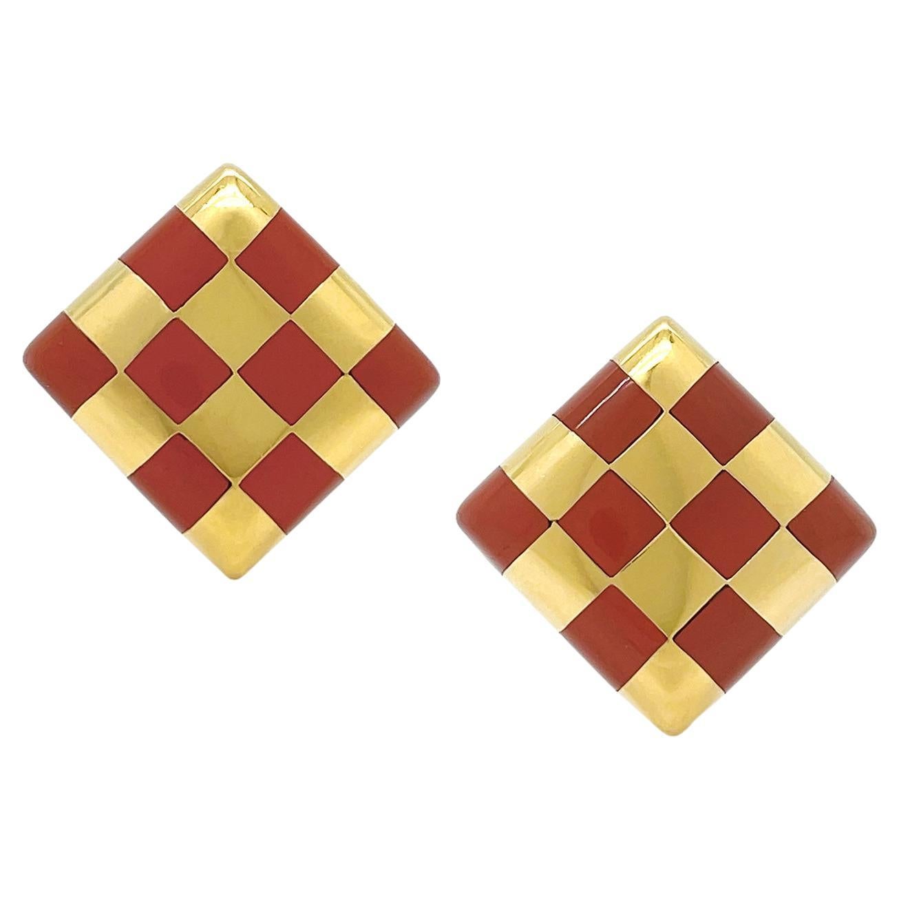 18K Yellow Gold Checkerboard Jasper Inlay Earrings