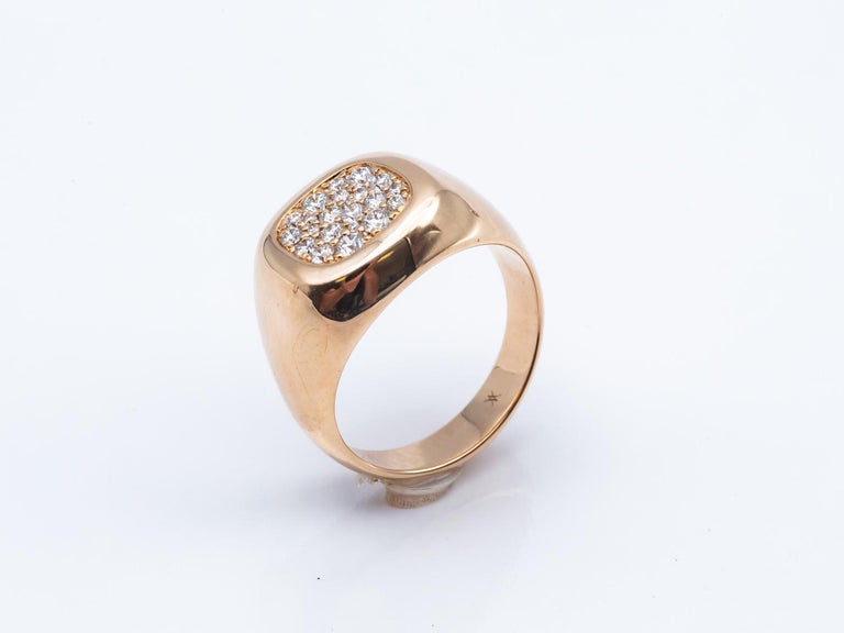 Brilliant Cut 18 Karat Yellow Gold Chevaliere Ring Paved with White Diamonds For Sale