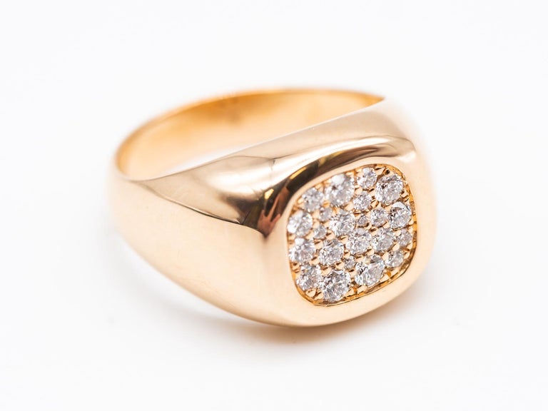 Women's or Men's 18 Karat Yellow Gold Chevaliere Ring Paved with White Diamonds For Sale