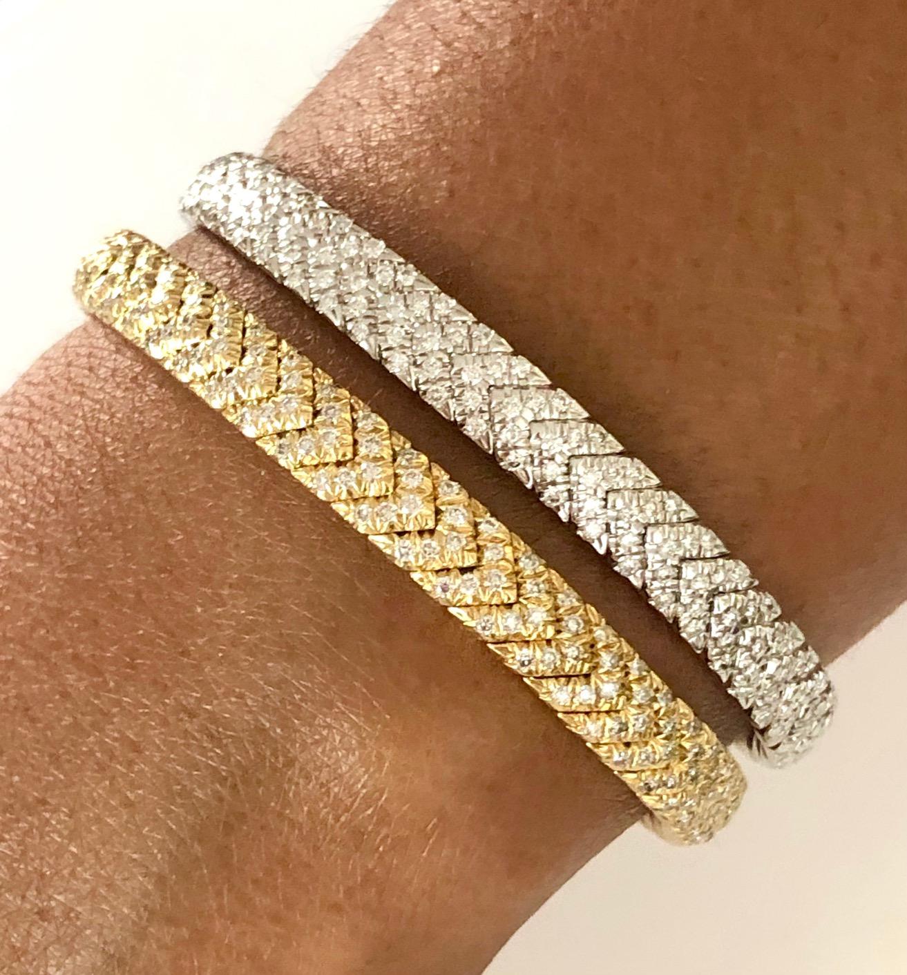 Women's 18 Karat Yellow Gold Chevron Diamond Bangle Bracelet For Sale