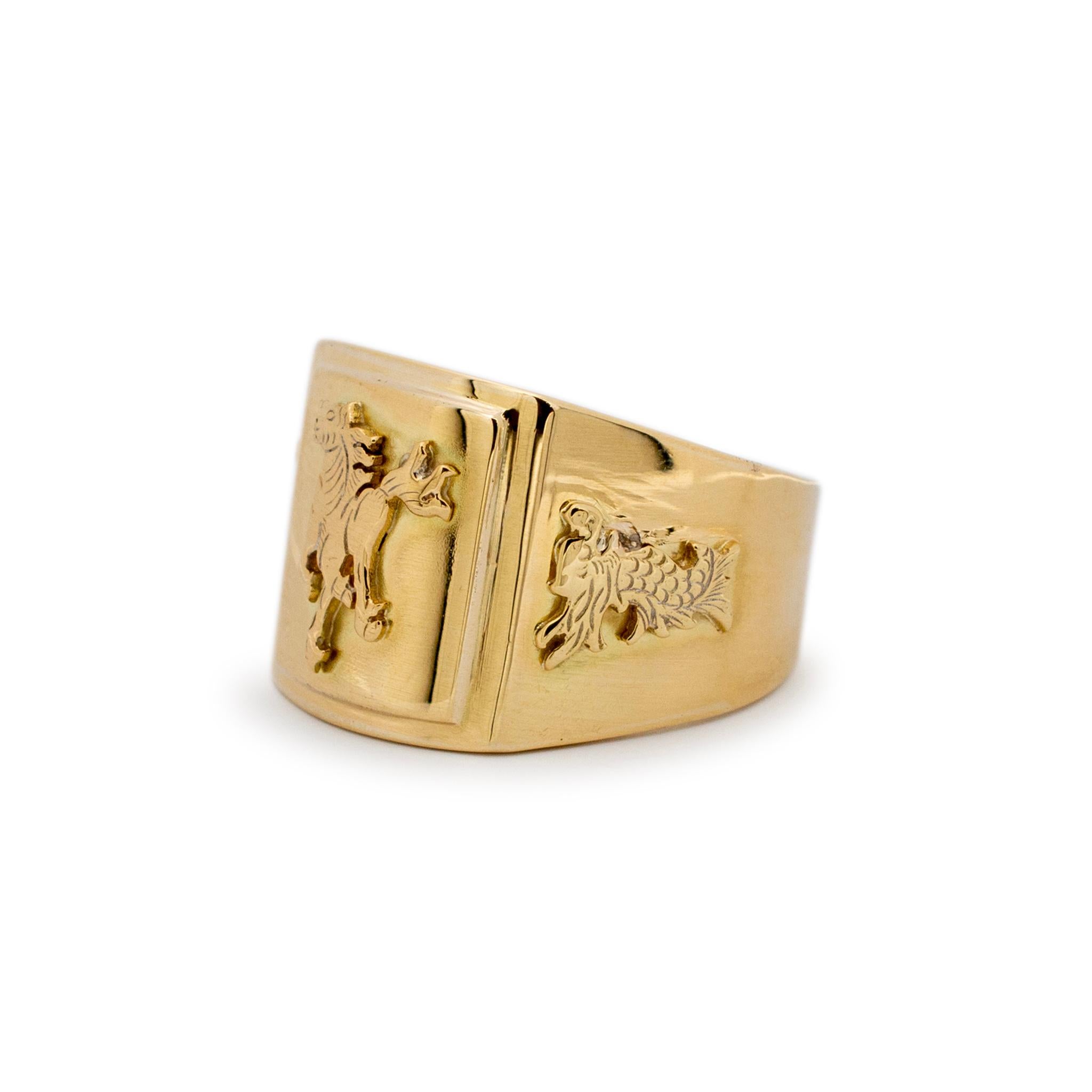 18 Karat Gelbgold Chinesischer Pferde-D Drachen-Ring für Damen oder Herren