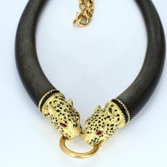 18k Yellow Gold Choker Necklace with Ruby-Eyed Leopard Heads by Gay Freres