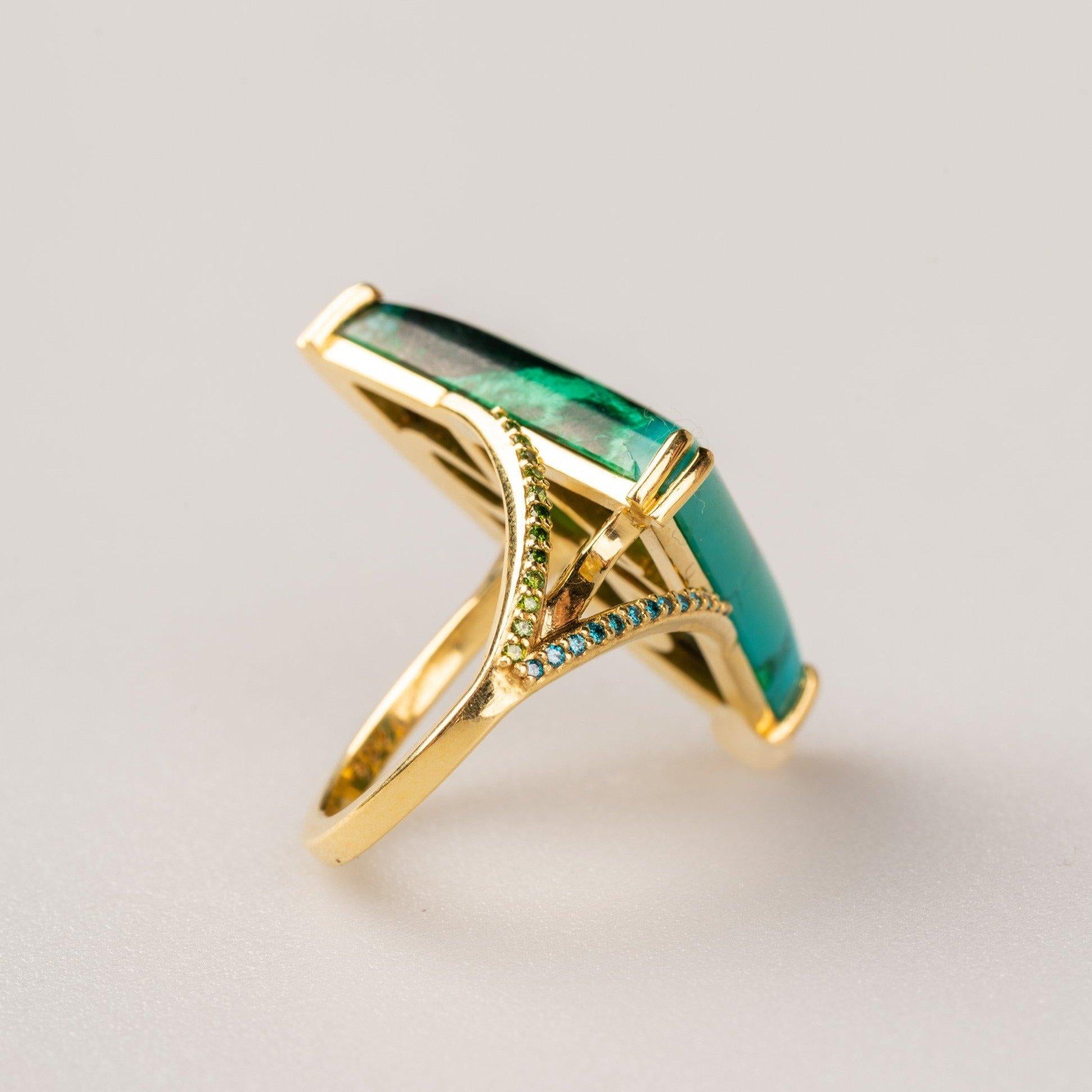 Cabochon 18k Yellow Gold Chrysocholla Malachite with Black, Green, and Blue Diamonds Ring