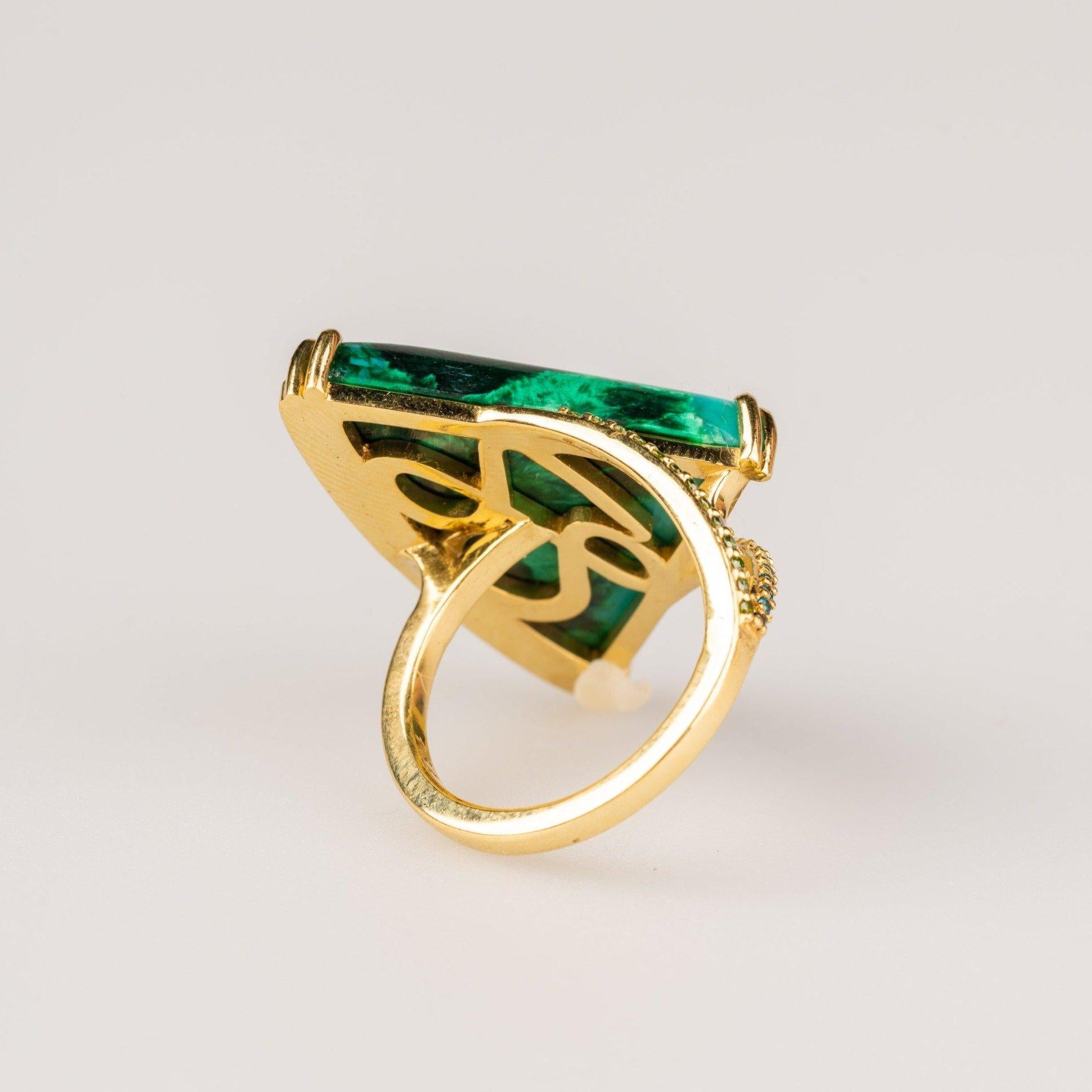 18k Yellow Gold Chrysocholla Malachite with Black, Green, and Blue Diamonds Ring In New Condition In Greenville, SC