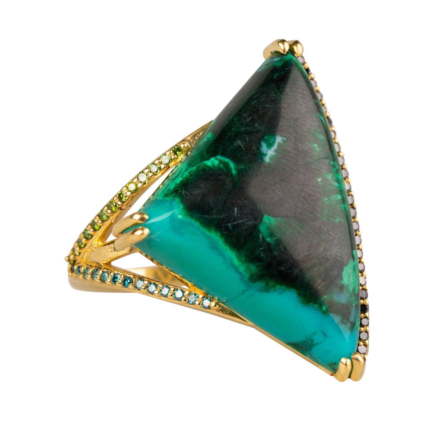 18k Yellow Gold Chrysocholla Malachite with Black, Green, and Blue Diamonds Ring