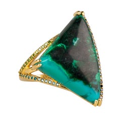 18k Yellow Gold Chrysocholla Malachite with Black, Green, and Blue Diamonds Ring