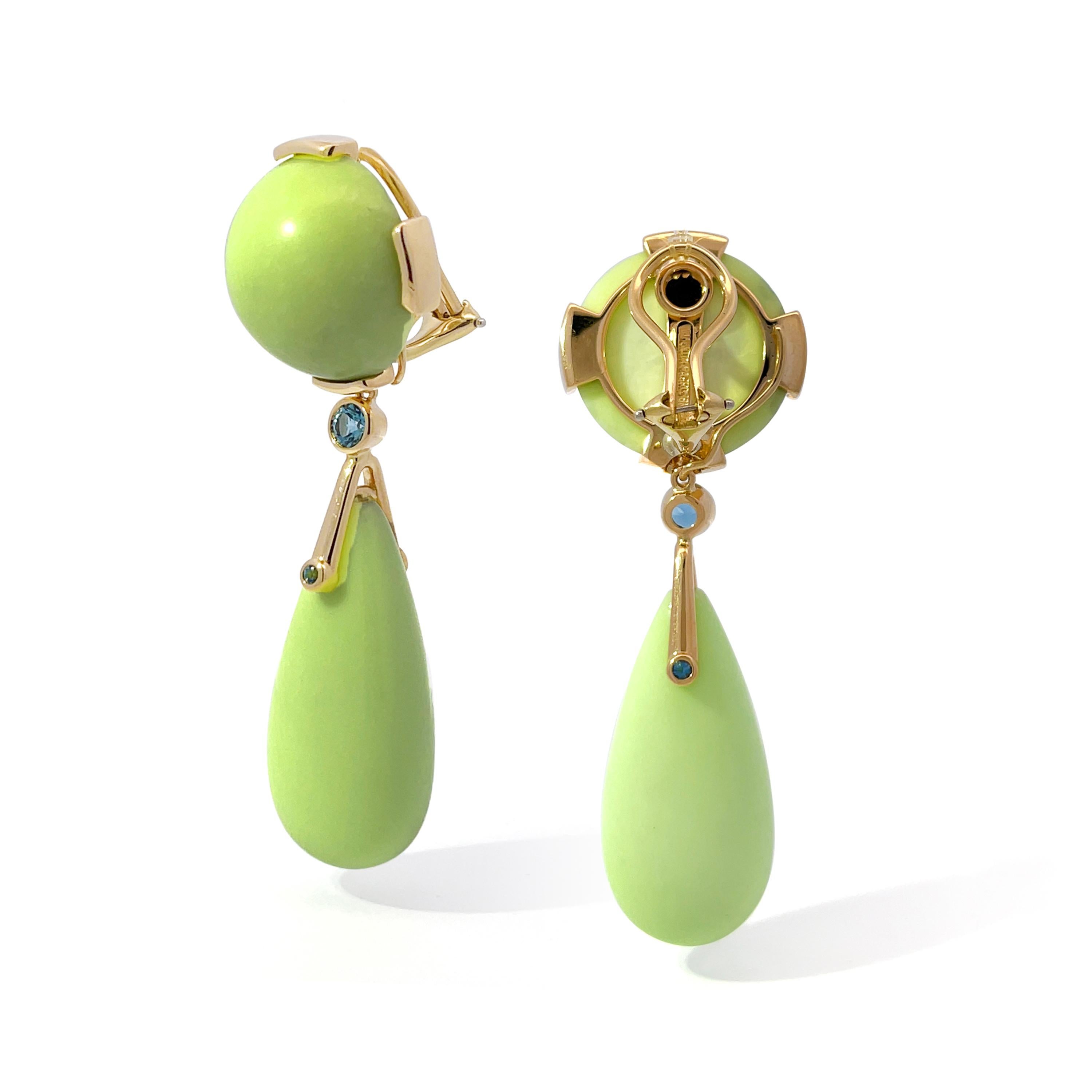 Cabochon 18K Yellow Gold Chrysoprase and Aquamarine Drop Earrings For Sale
