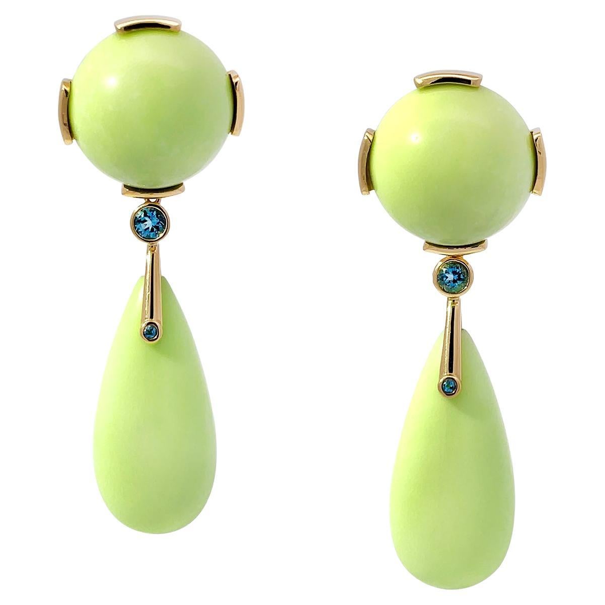 18K Yellow Gold Chrysoprase and Aquamarine Drop Earrings