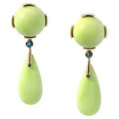 18K Yellow Gold Chrysoprase and Aquamarine Drop Earrings