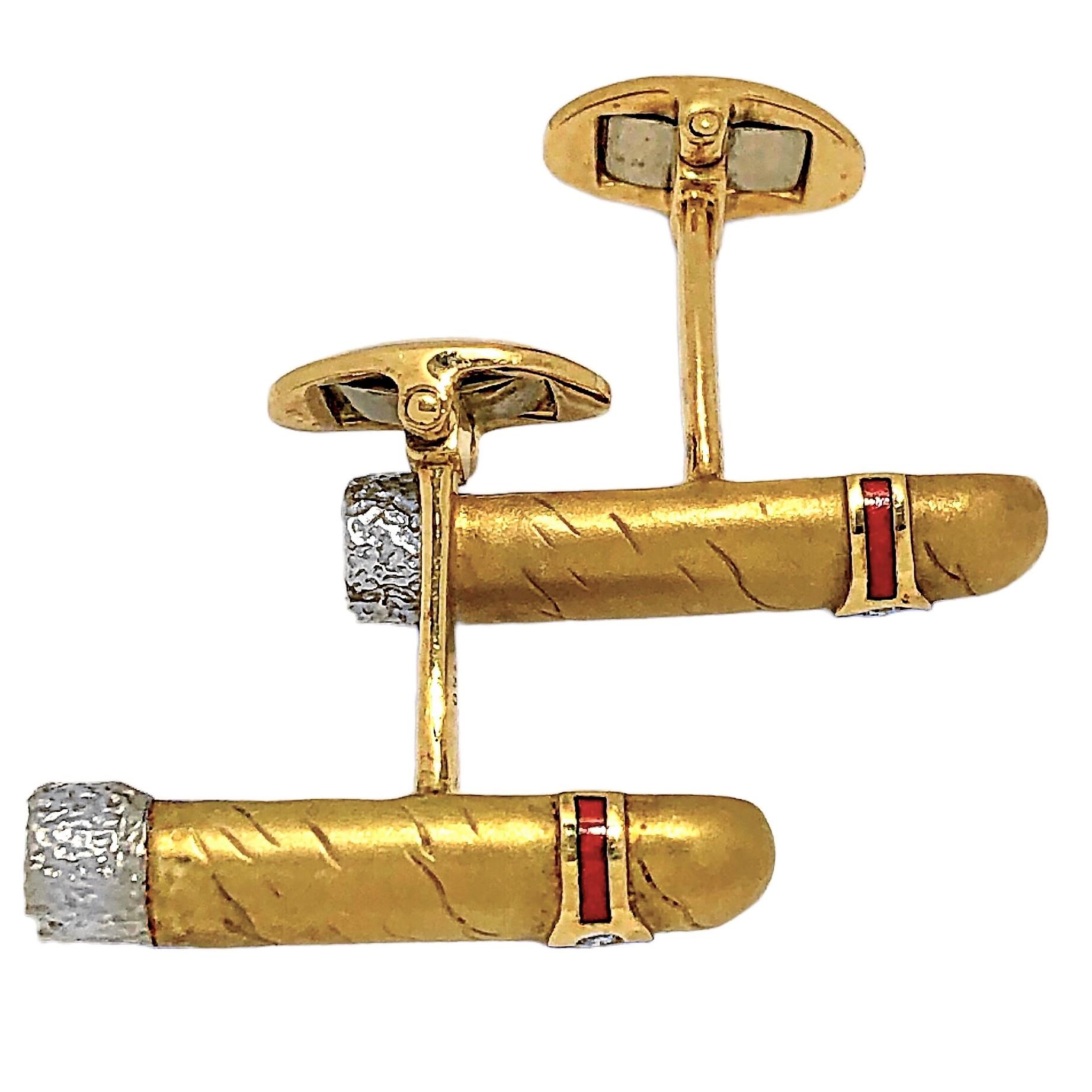 18 Karat Gelbgold Zigarrenmanschettenknöpfe mit roter Emaille, Platin und Diamantband (Moderne)