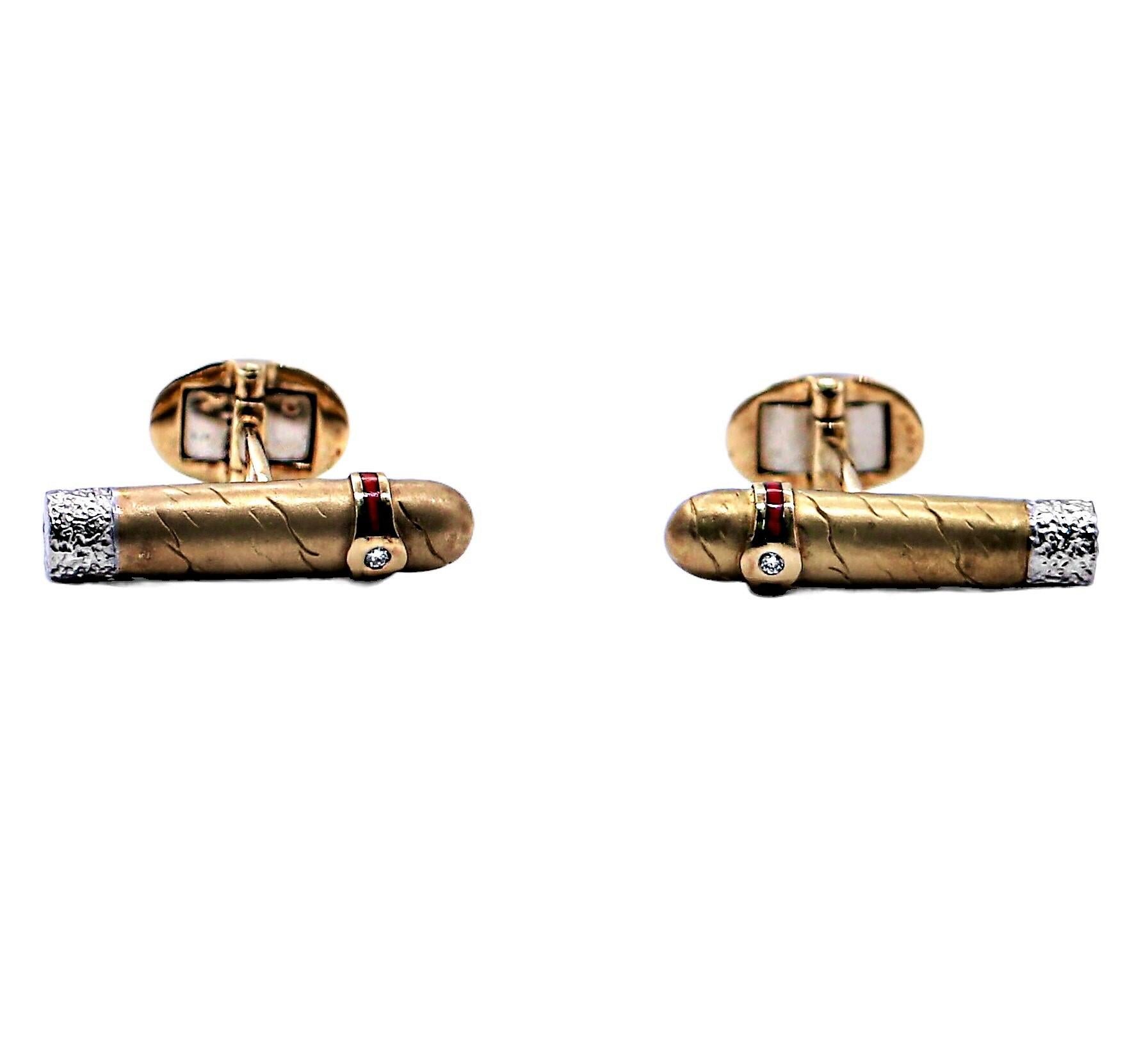Modern 18K Yellow Gold Cigar Cuff Links with Red Enamel, Platinum & Diamond Band For Sale