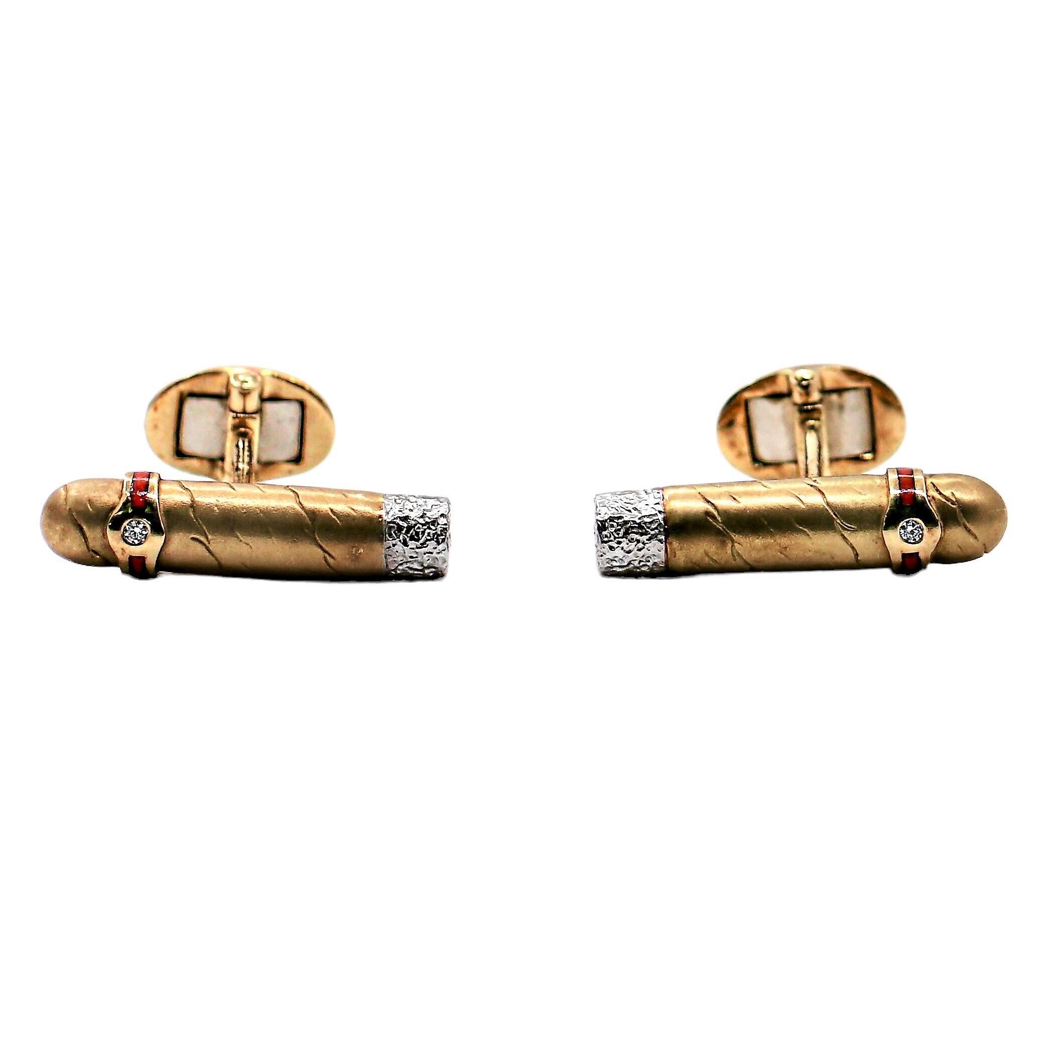 Brilliant Cut 18K Yellow Gold Cigar Cuff Links with Red Enamel, Platinum & Diamond Band For Sale