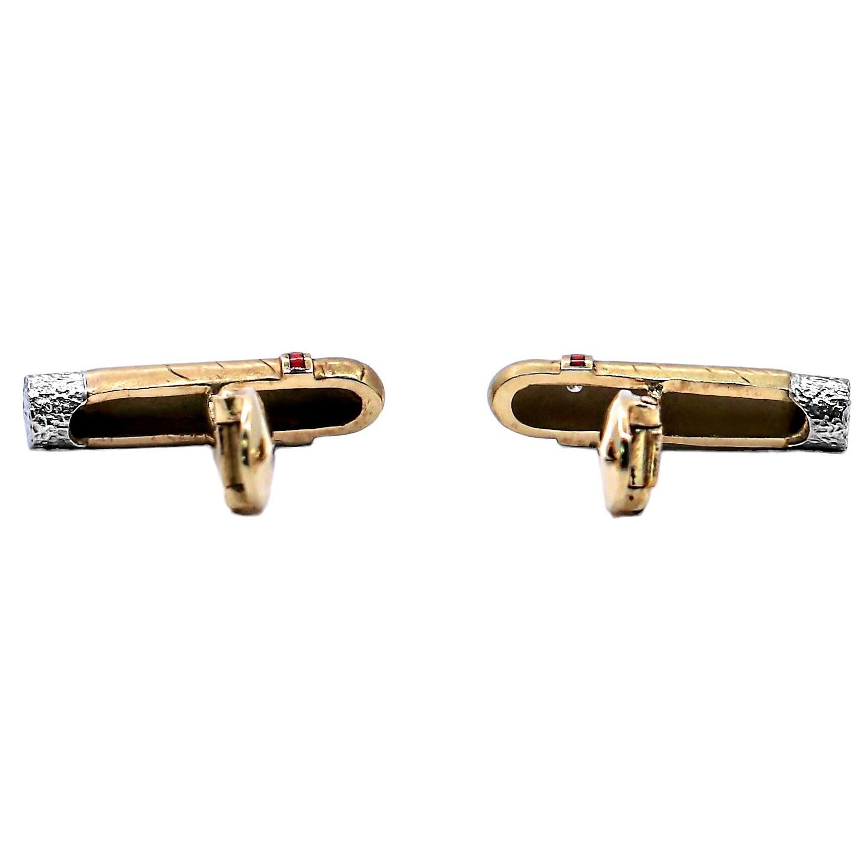 18K Yellow Gold Cigar Cuff Links with Red Enamel, Platinum & Diamond Band In Good Condition For Sale In Palm Beach, FL