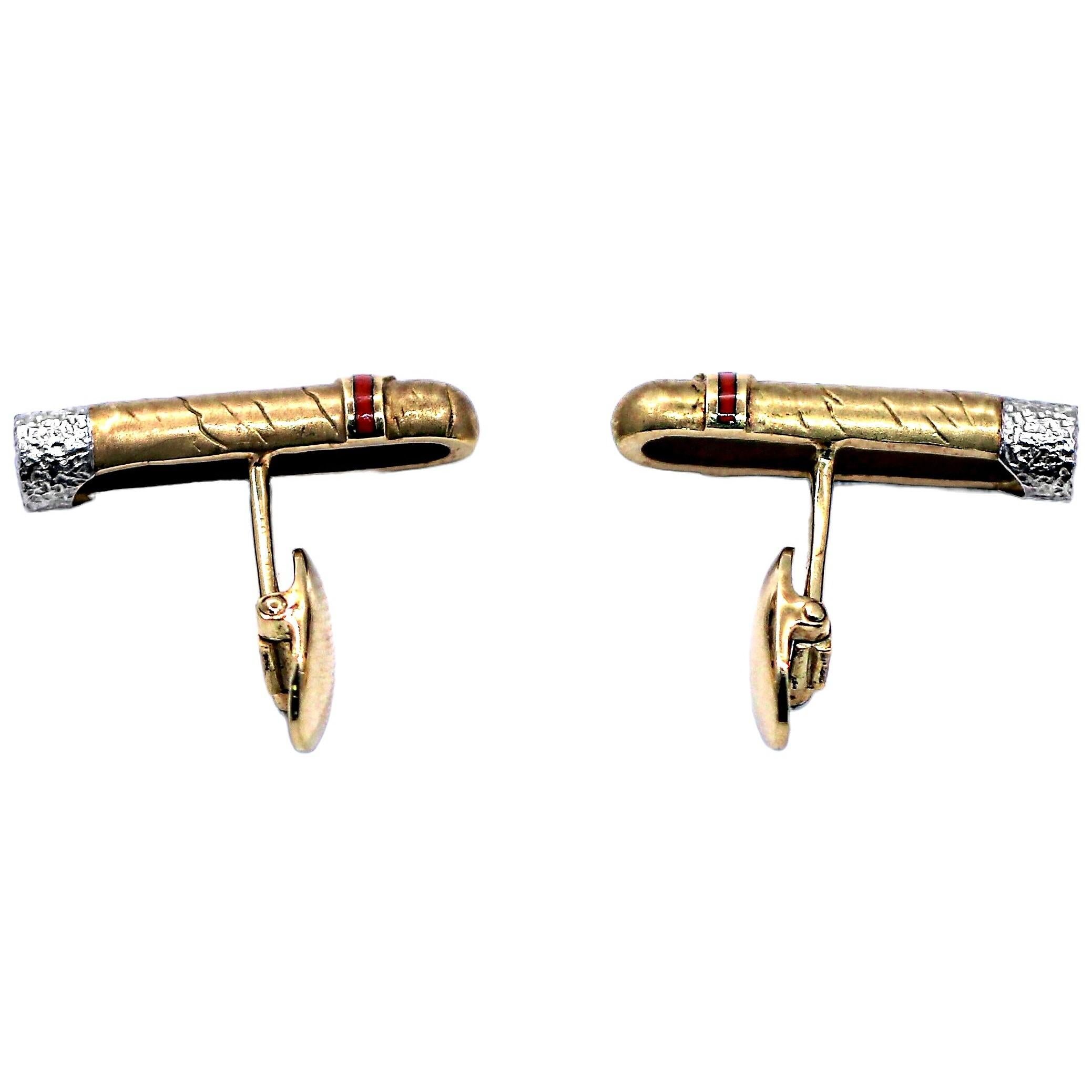 18K Yellow Gold Cigar Cuff Links with Red Enamel, Platinum & Diamond Band For Sale 1