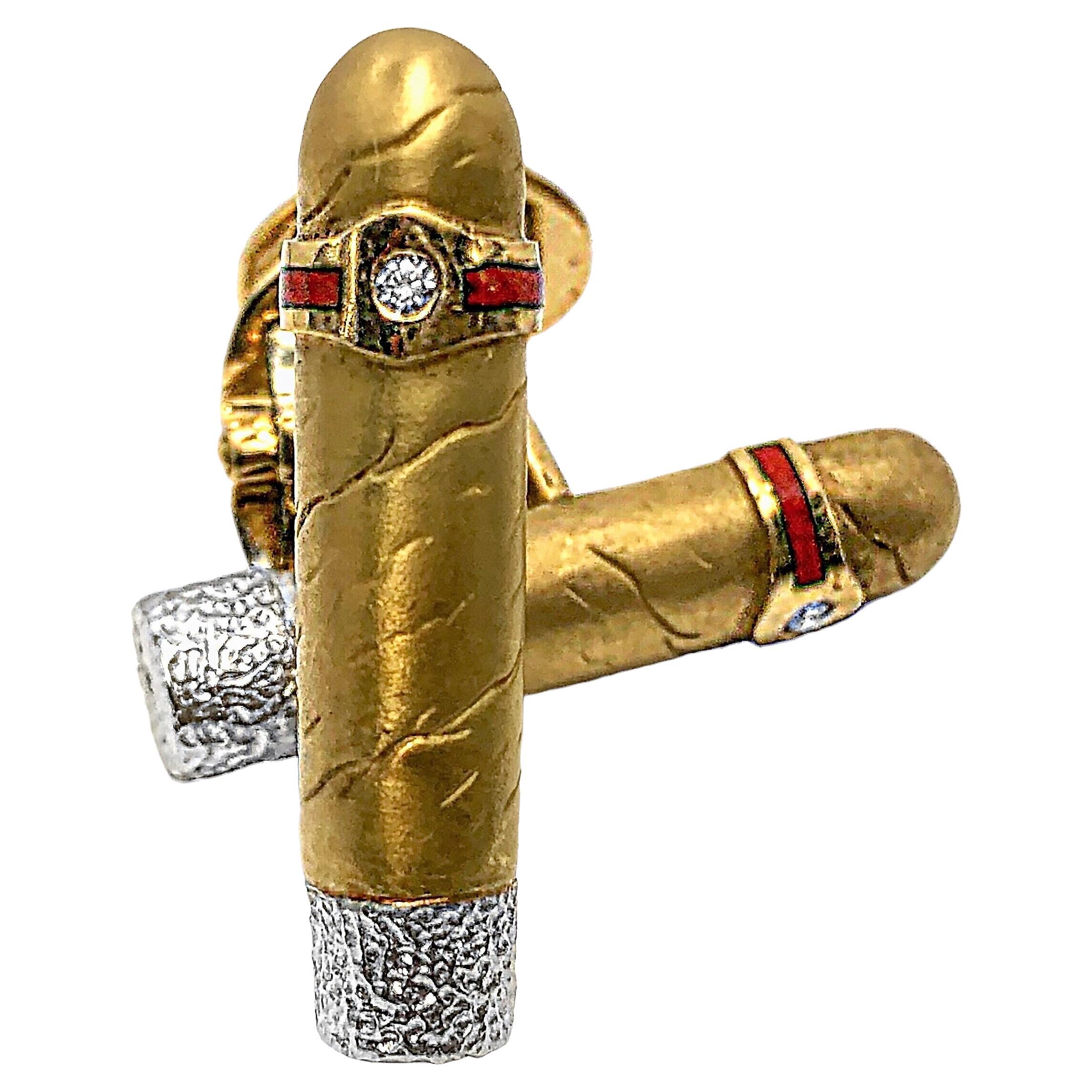 18K Yellow Gold Cigar Cuff Links with Red Enamel, Platinum & Diamond Band