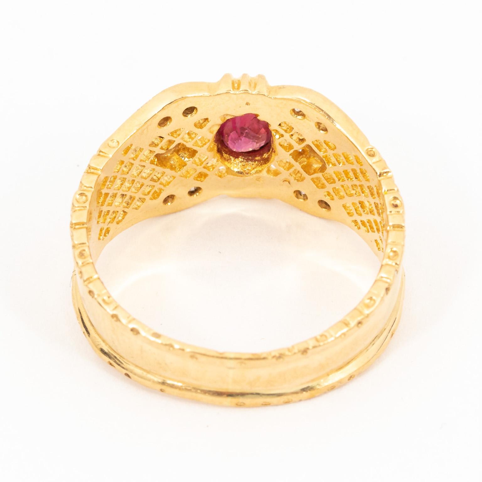 Women's 18 Karat Yellow Gold Cigar Mesh Front Band Ring with Ruby For Sale