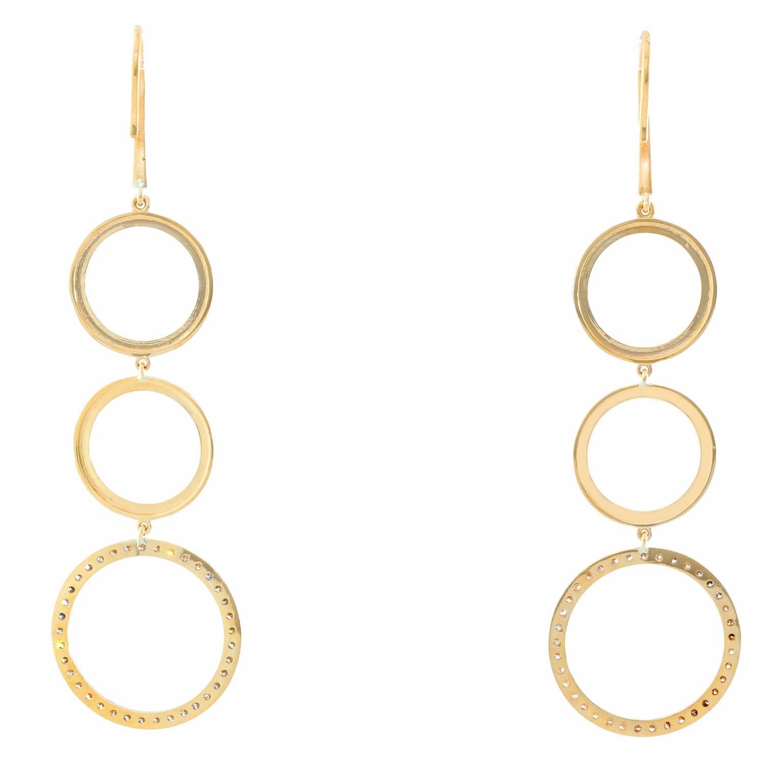 18K Yellow Gold Circle  Dangle Diamond Earrings - . Stunning three circles dangle earrings. Round brilliant diamonds totaling 1.63 ct. Clarity I1, Color G. Total weight 10.1 grams. 3 inches from top to bottom.