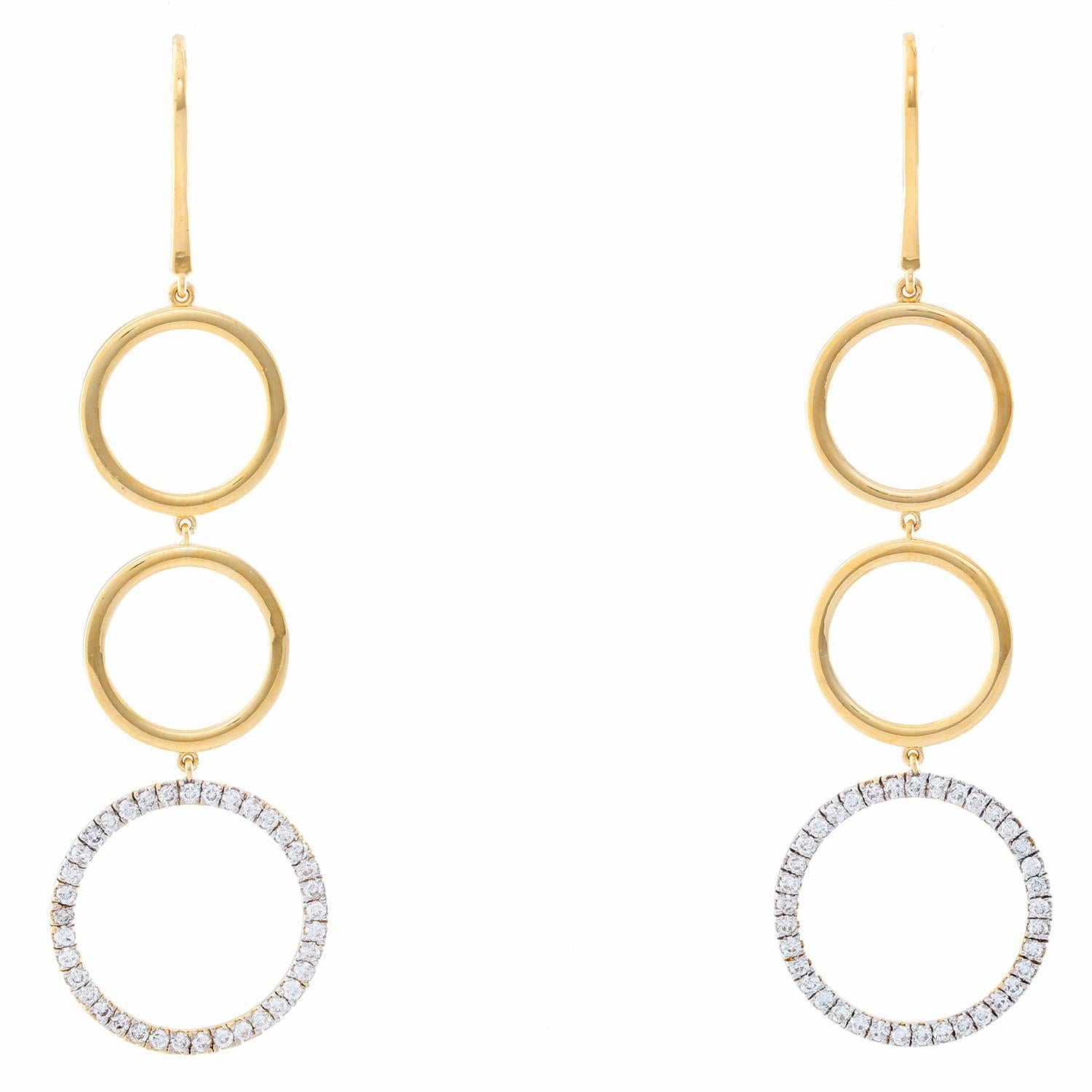 18 Karat Yellow Gold Circle Dangle Diamond Earrings For Sale