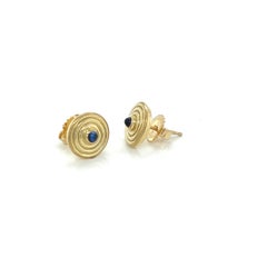 18k Yellow Gold Circular Multi Ring Stud Earrings with Cabochon Blue Sapphires