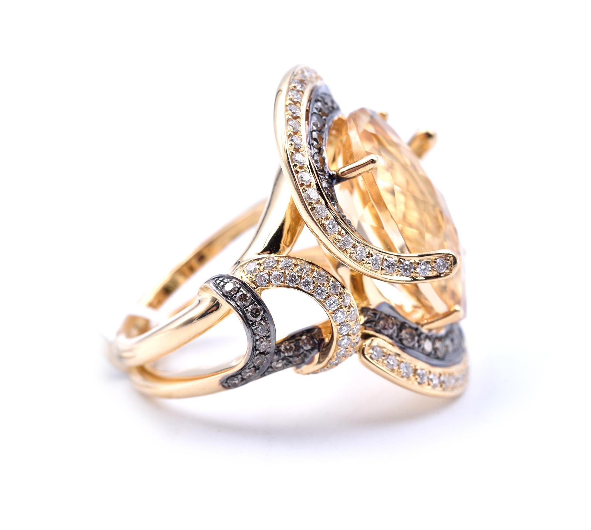 Material: 18k yellow gold
Citrine: 1 oval cut = 11.56cttw
Diamonds: 48 round cognac diamonds and 110 round white diamonds = 1.06cttw
Ring Size: 7 (allow up to two additional business days for sizing requests)
Weight: 18.27 grams
