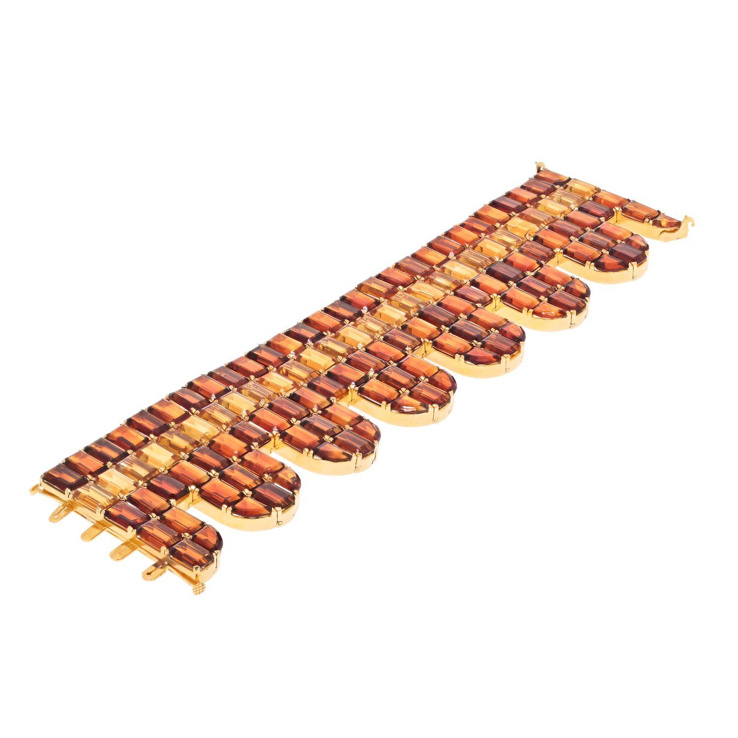 Modern 18k Yellow Gold Citrine and Topaz Wide One Line Bracelet For Sale